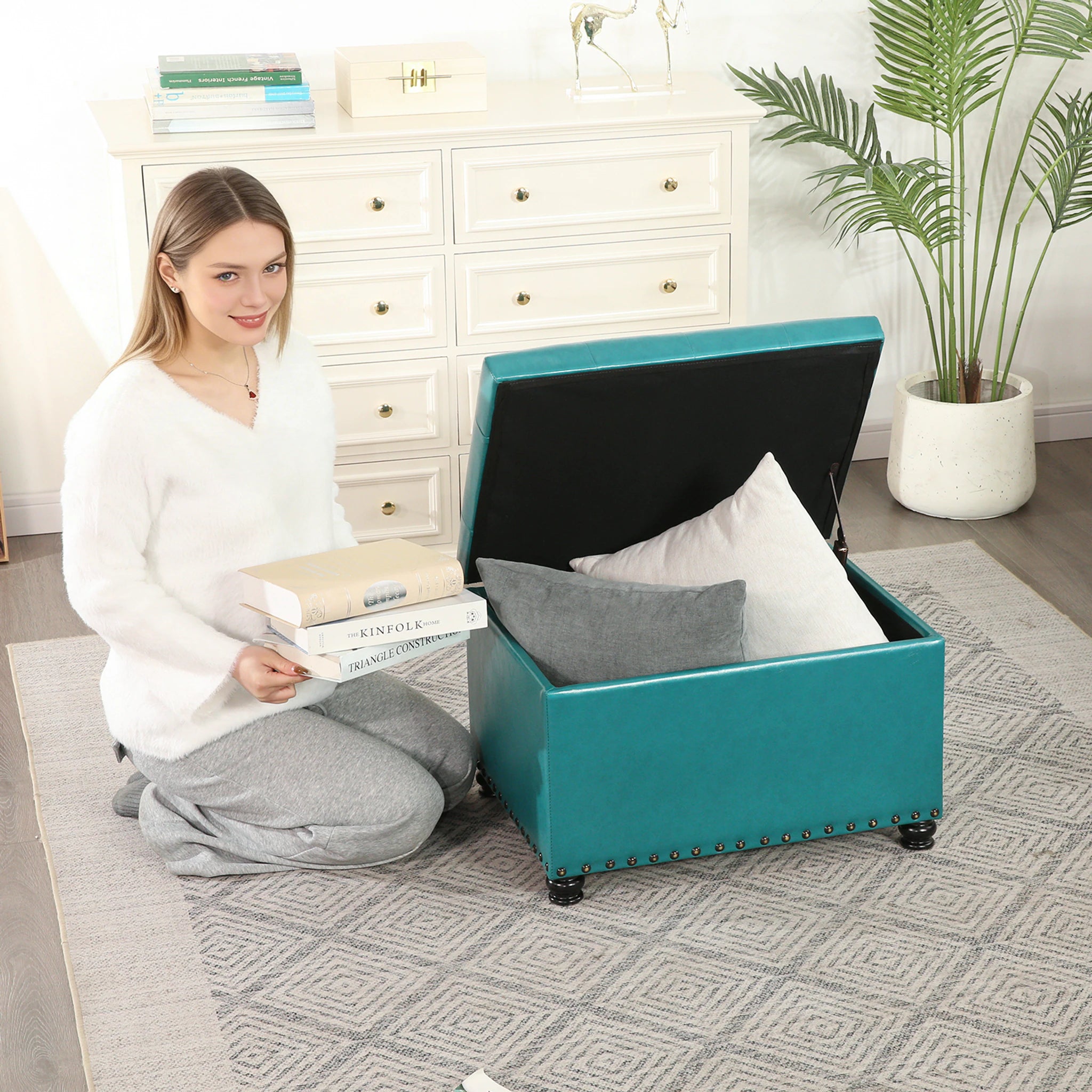 Decent Home Teal Blue Faux Leather Storage Ottoman – lifestyle room view