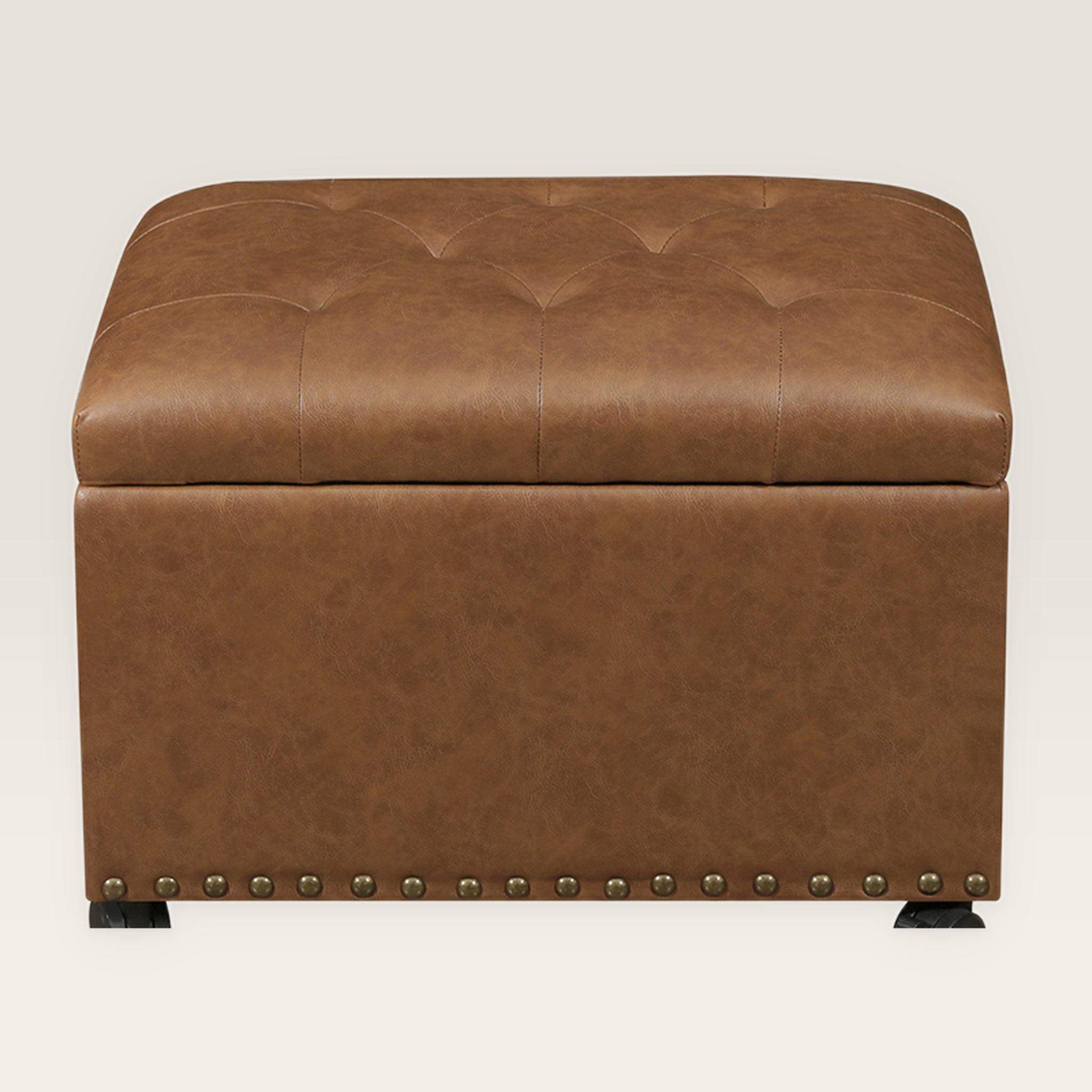 Decent Home 24 Inch Vintage Brown Faux Leather Rectangular Storage Ottoman With Wheels