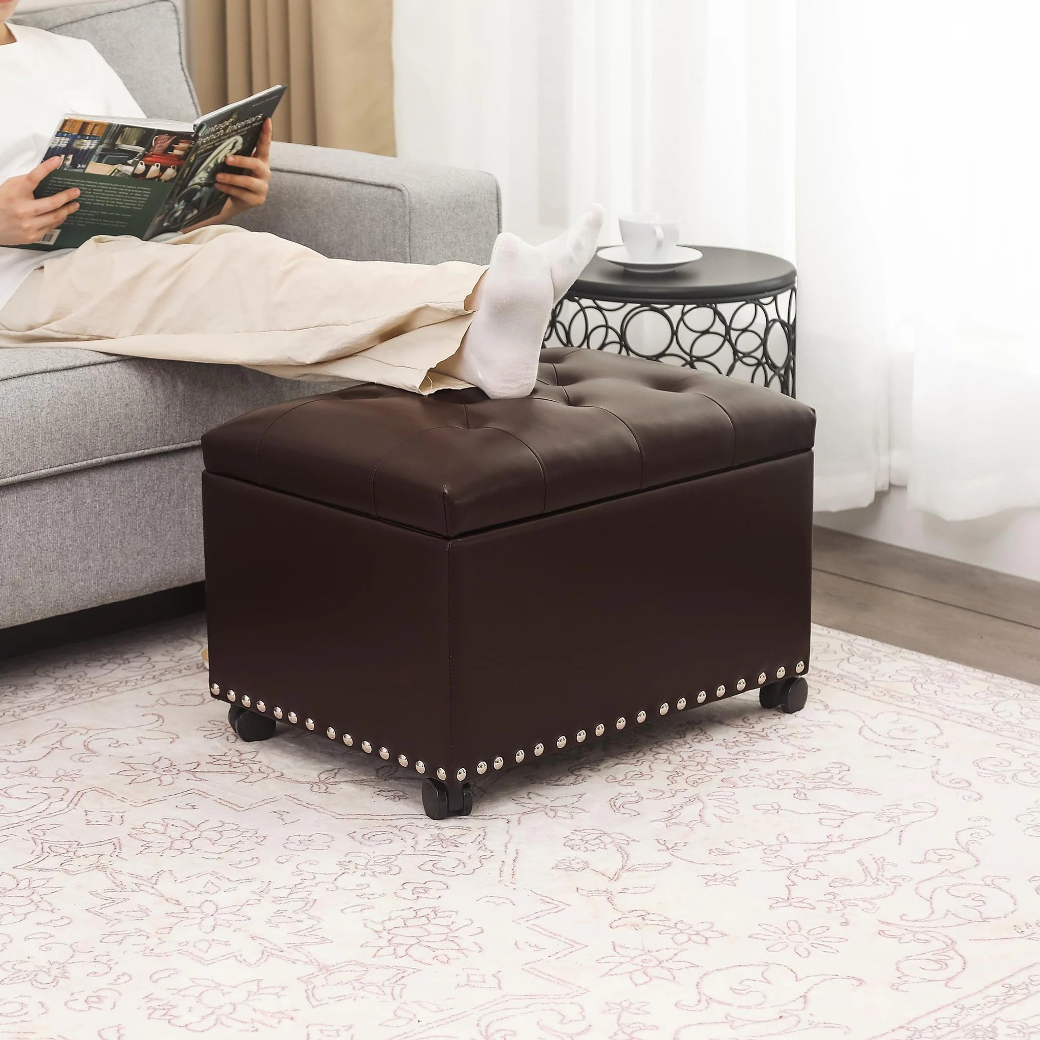 Decent Home Vintage Brown Rolling Faux Leather Storage Ottoman – detail and materials view