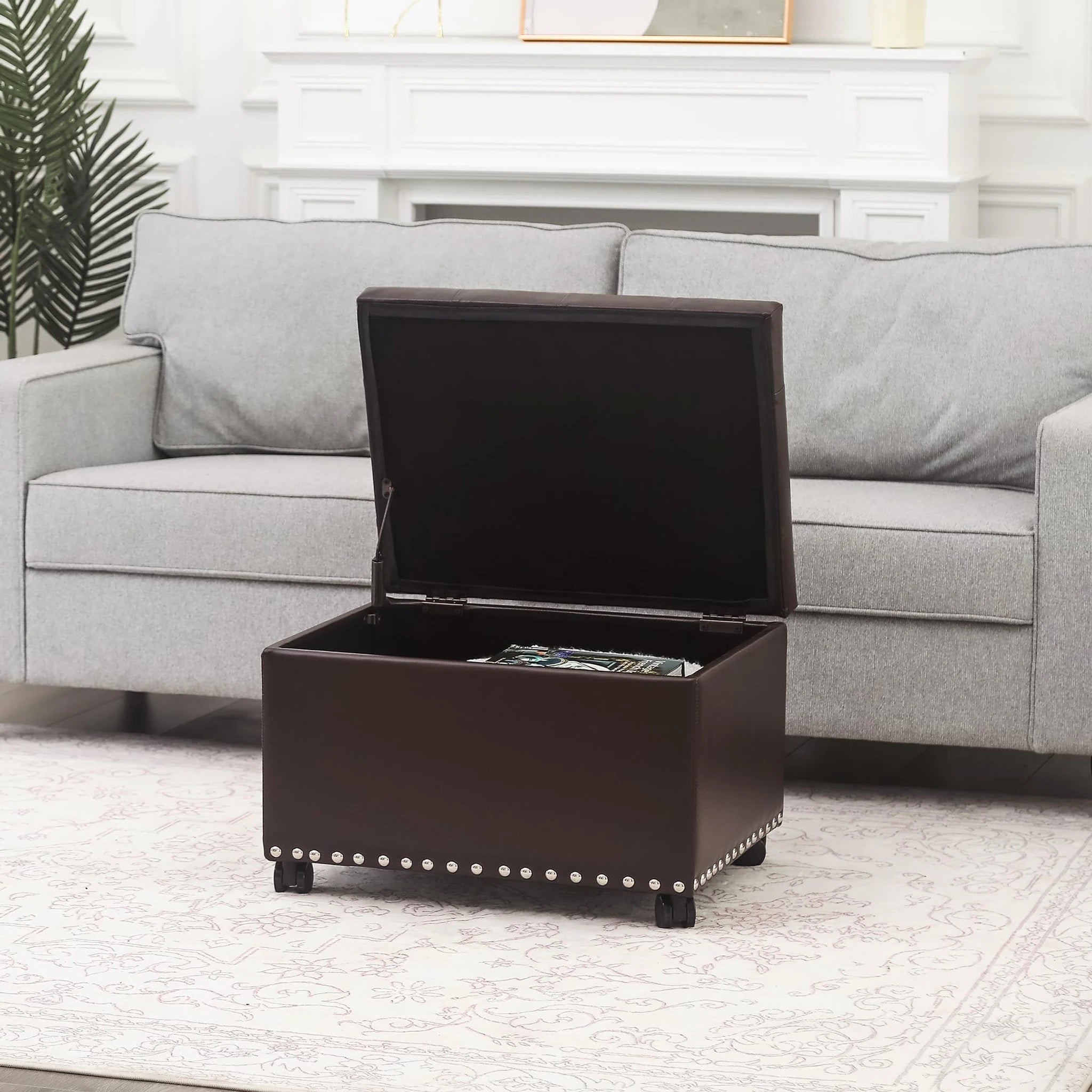 Decent Home Vintage Brown Rolling Faux Leather Storage Ottoman – lifestyle room view