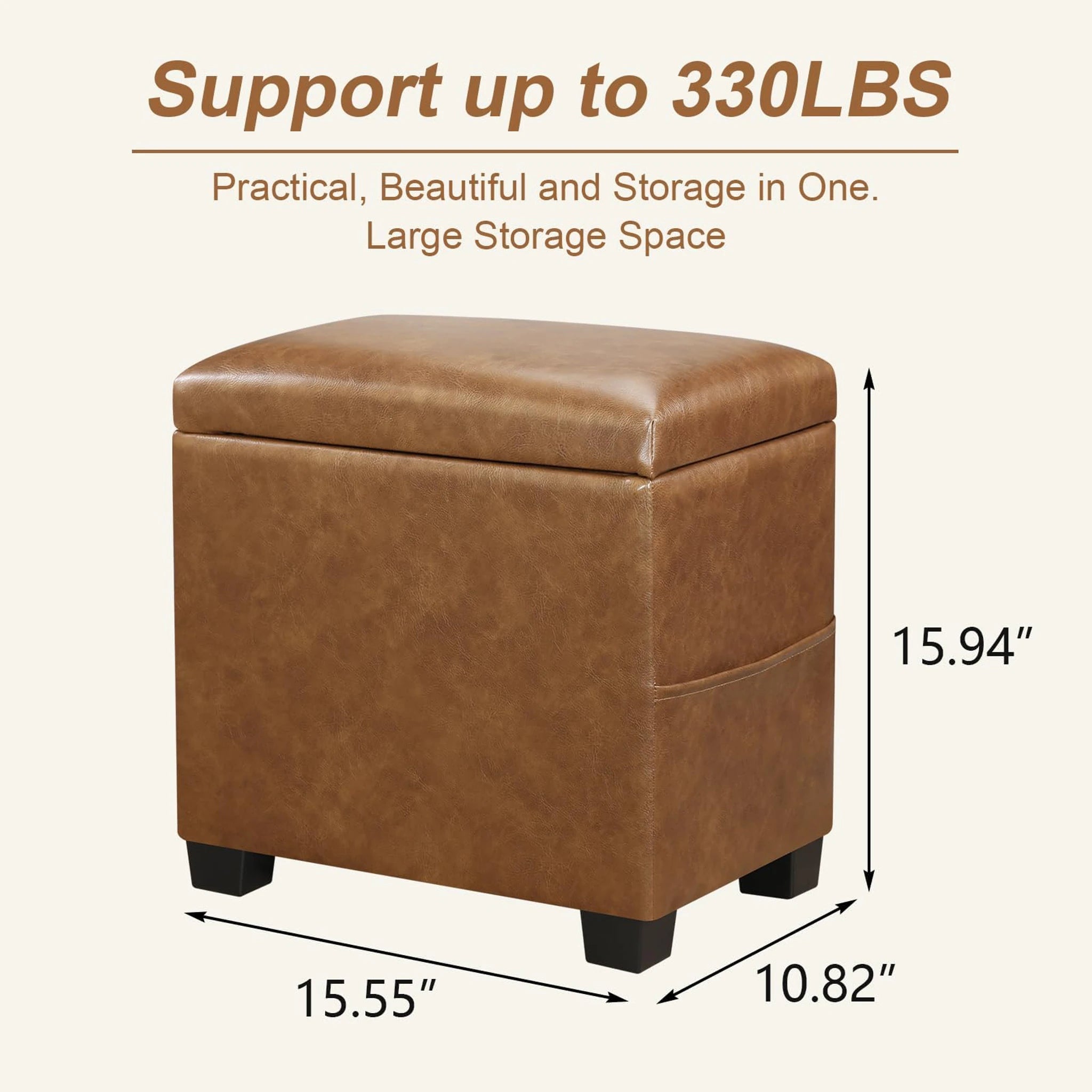 Decent Home Vintage Brown Storage Ottoman with Tray & Side Pocket – dimensions chart