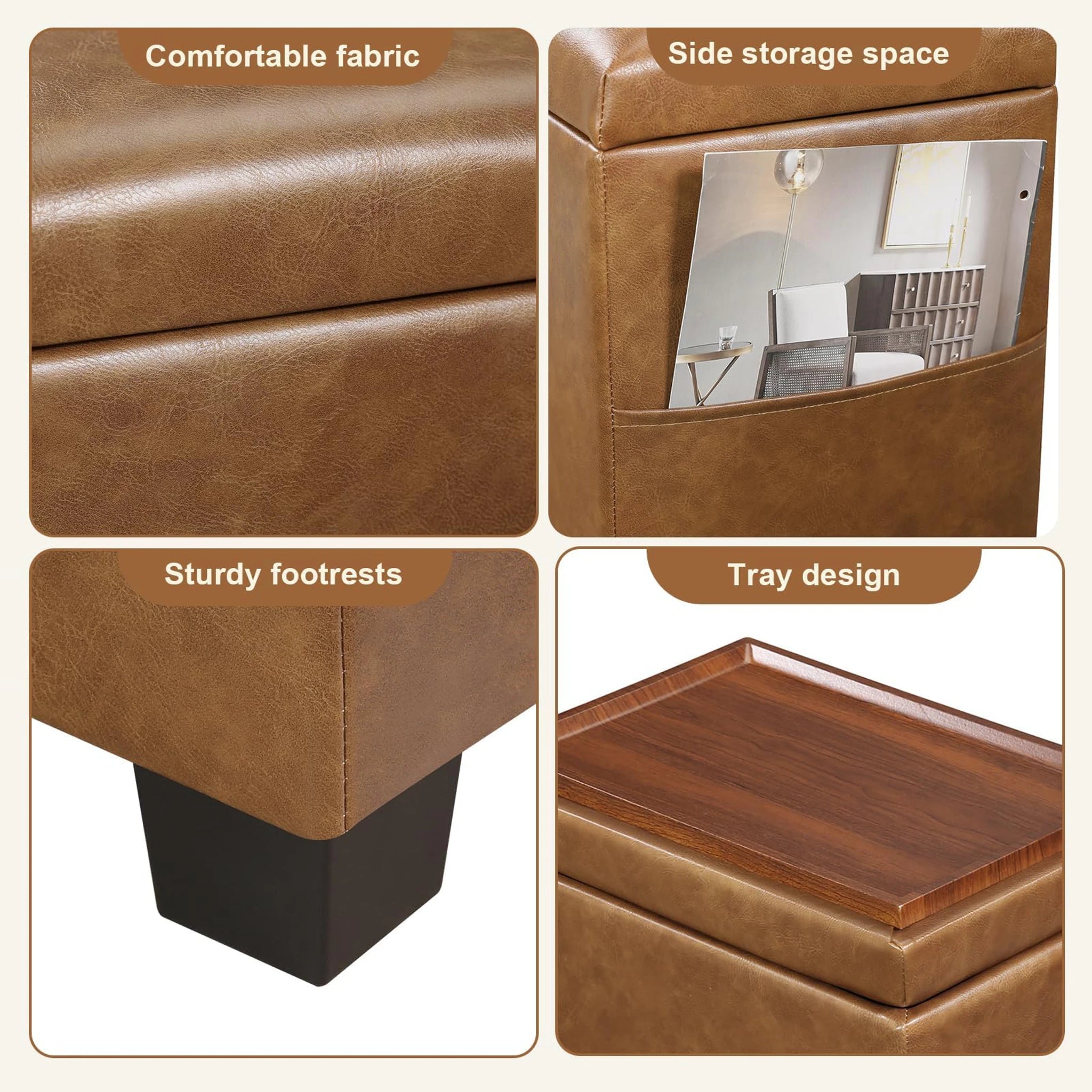 Decent Home Vintage Brown Storage Ottoman with Tray & Side Pocket – detail and materials view
