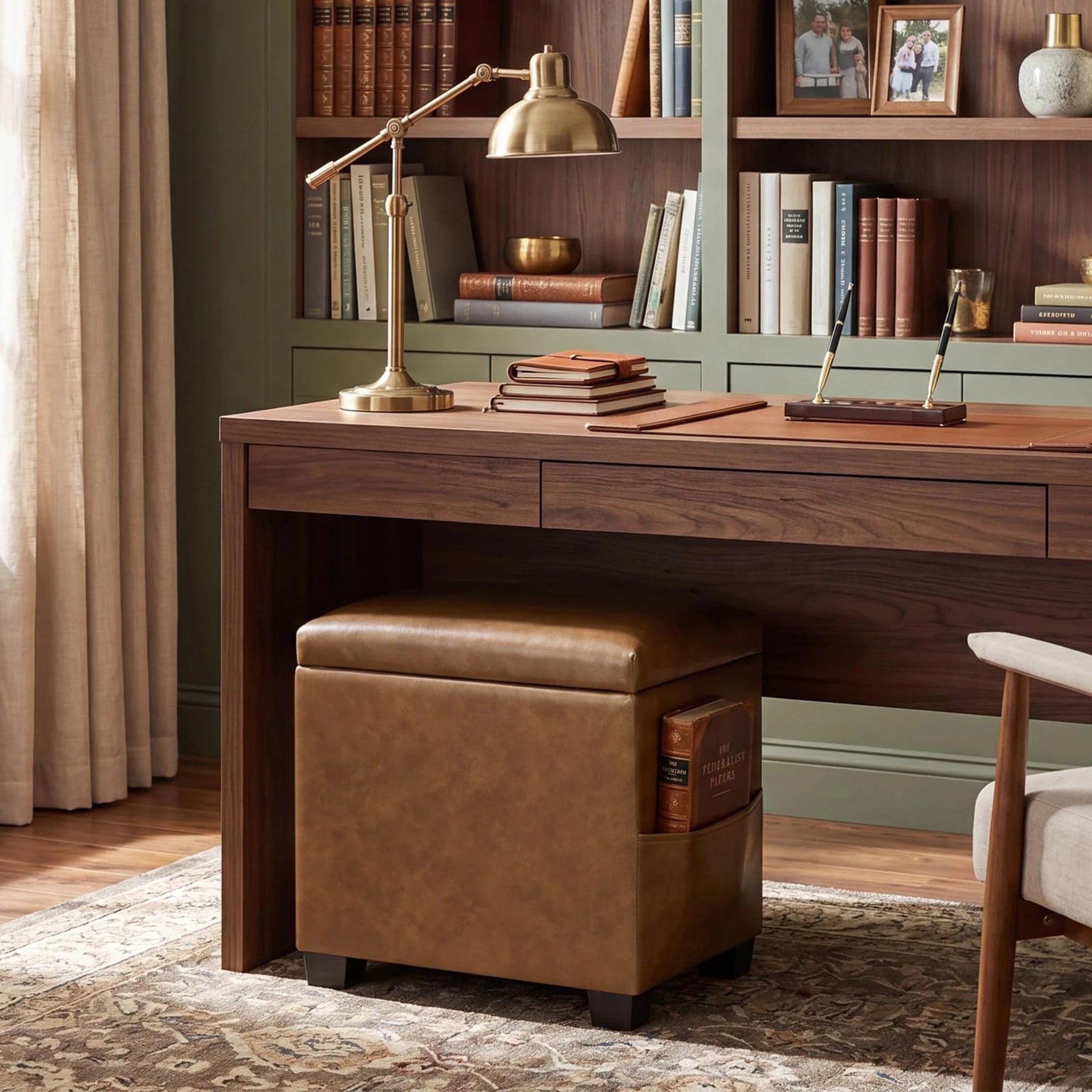 Decent Home Vintage Brown Storage Ottoman with Tray & Side Pocket – lifestyle room view