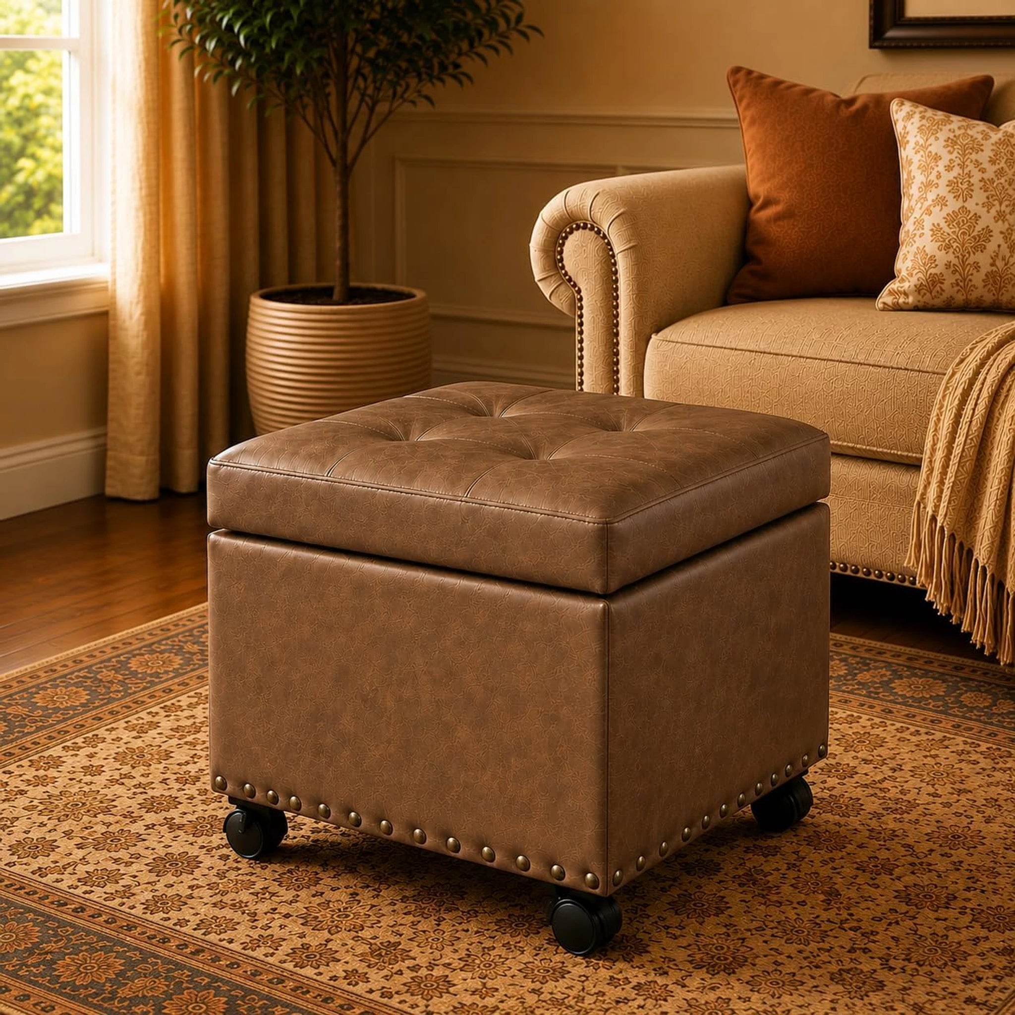 Decent Home Vintage Golden Brown Faux Leather Storage Ottoman – styled home scene