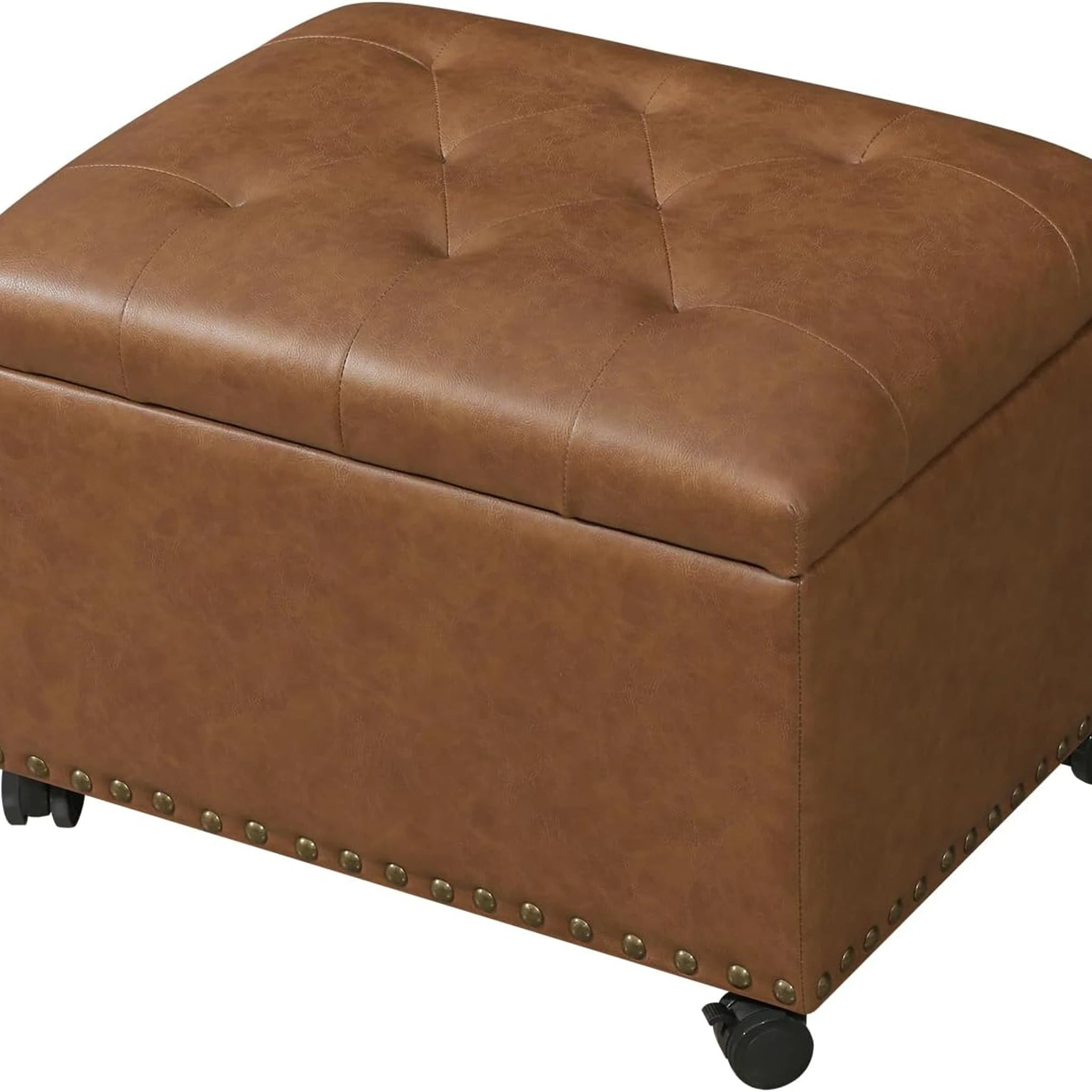 Decent Home Vintage Golden Brown Wit Nailhead Faux Leather Storage Ottoman – styled home scene