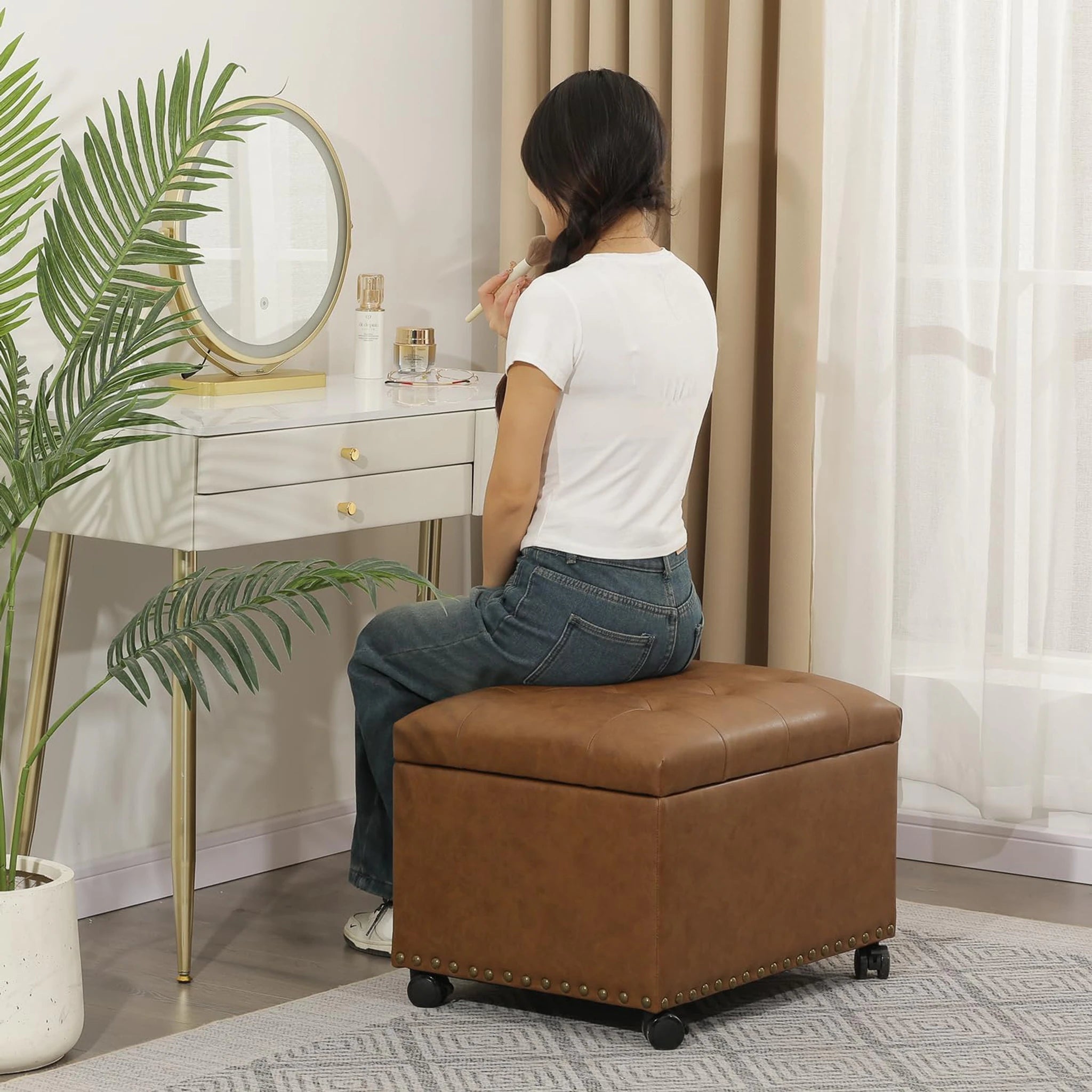 Decent Home Vintage Golden Brown Wit Nailhead Faux Leather Storage Ottoman – lifestyle room view