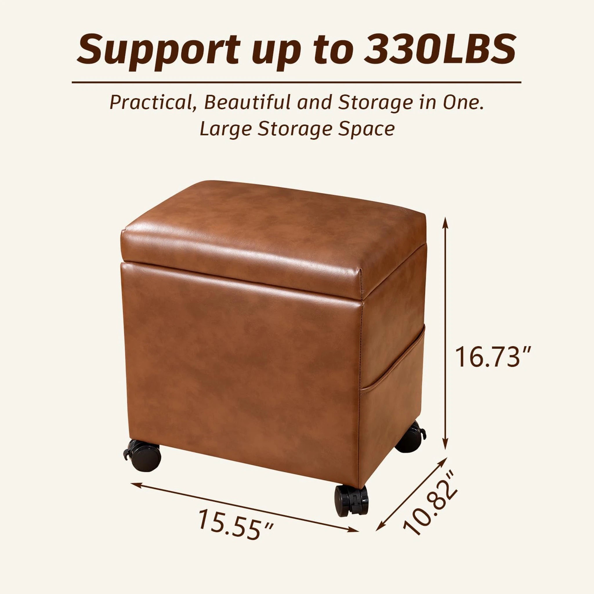 Decent Home Vintage Orange With Wheels Storage Ottoman with Tray & Side Pocket – dimensions chart