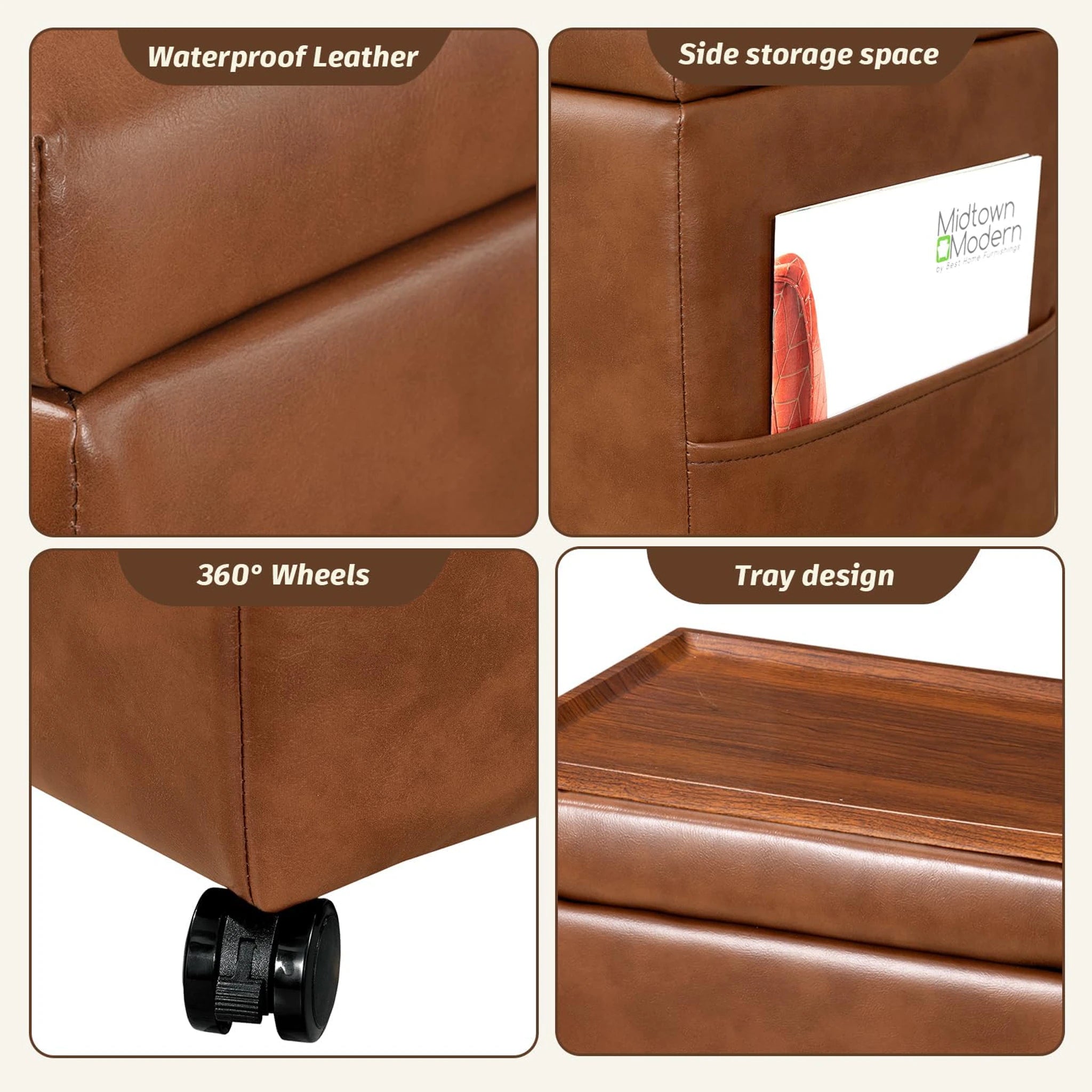 Decent Home Vintage Orange With Wheels Storage Ottoman with Tray & Side Pocket – detail and materials view