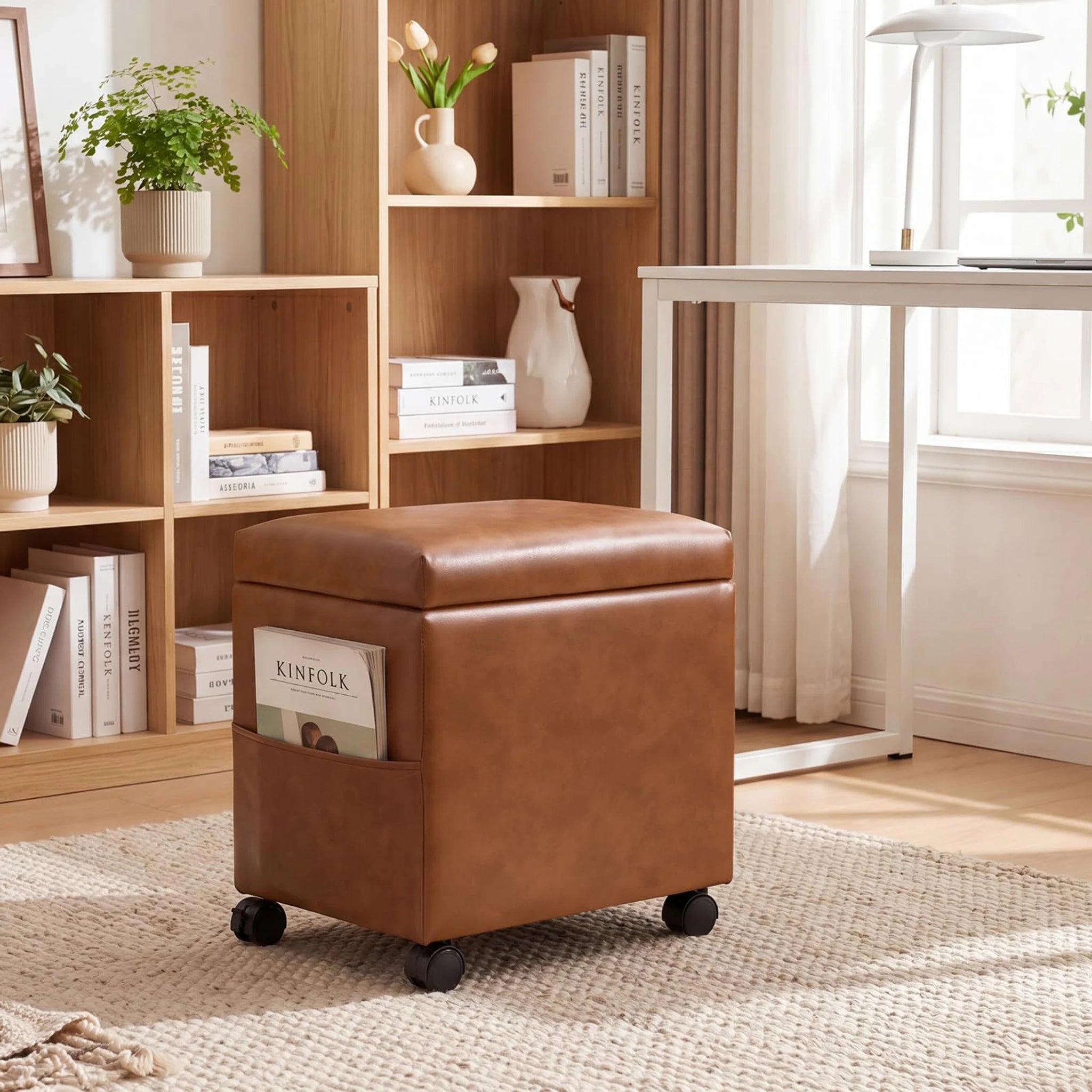 Decent Home Vintage Orange With Wheels Storage Ottoman with Tray & Side Pocket – lifestyle room view