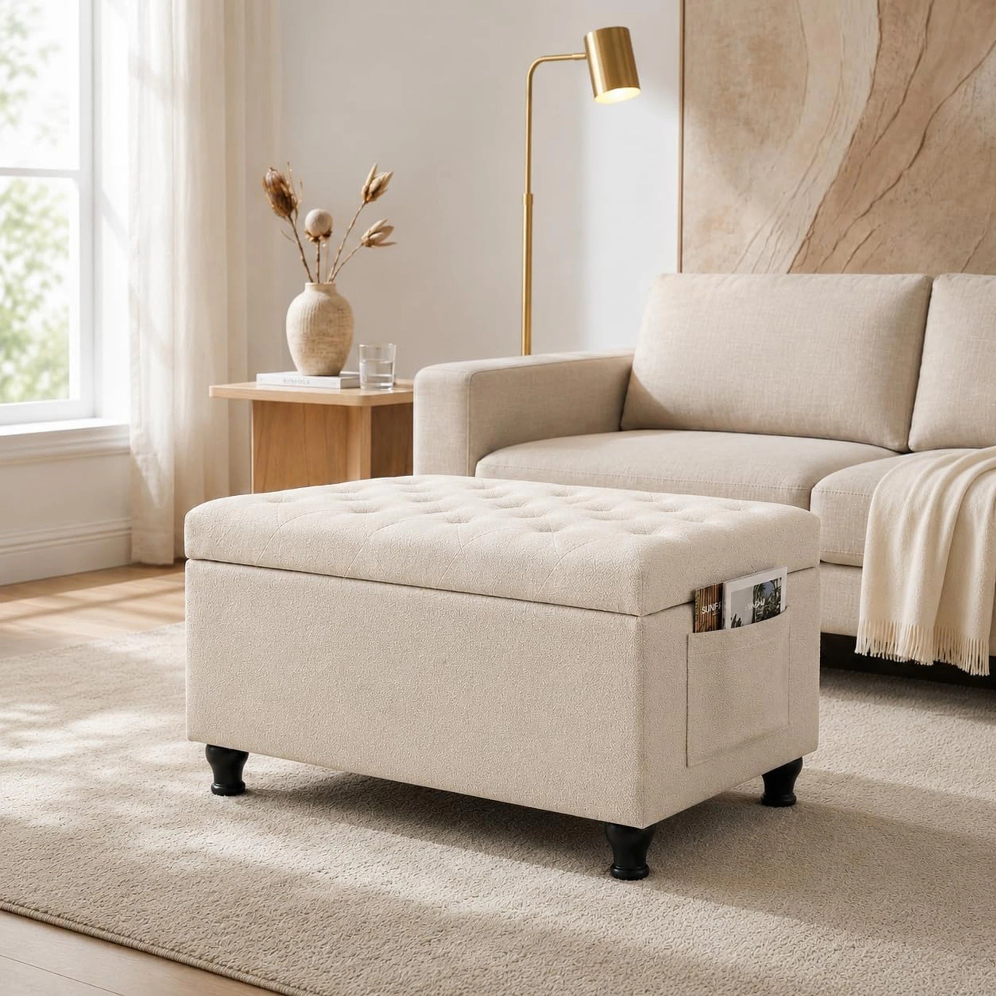 Deco Beige Fabric Storage Ottoman Bench – styled home scene