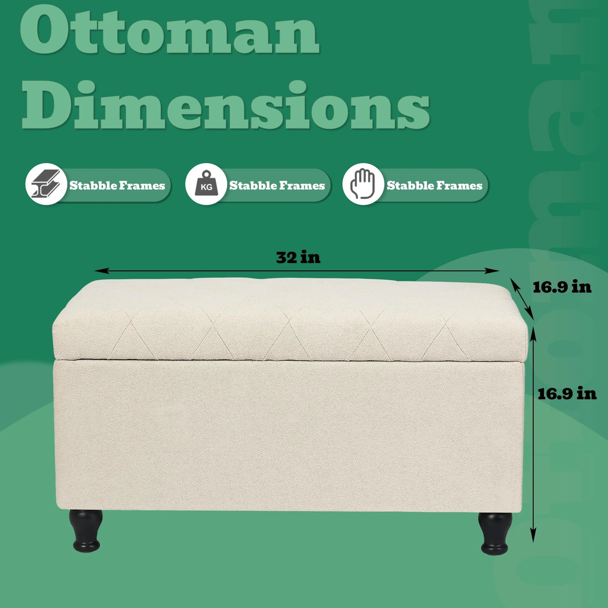 Deco Beige Fabric Storage Ottoman Bench – dimensions chart