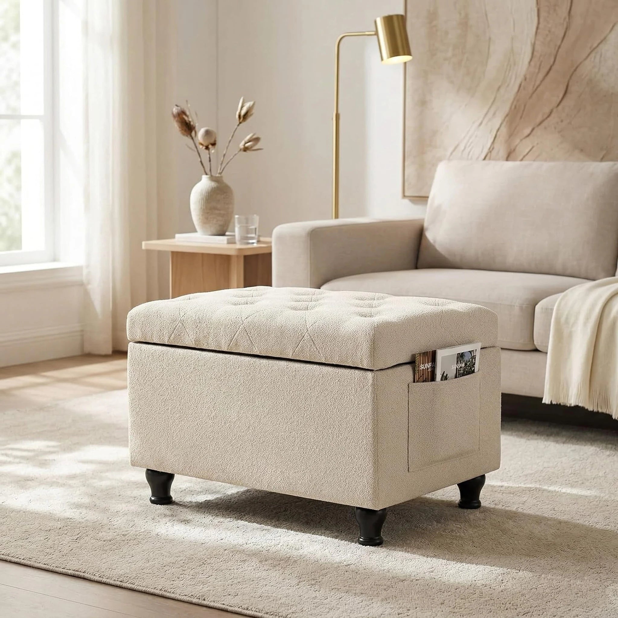 Deco Beige Rectangular Storage Ottoman Bench – styled home scene