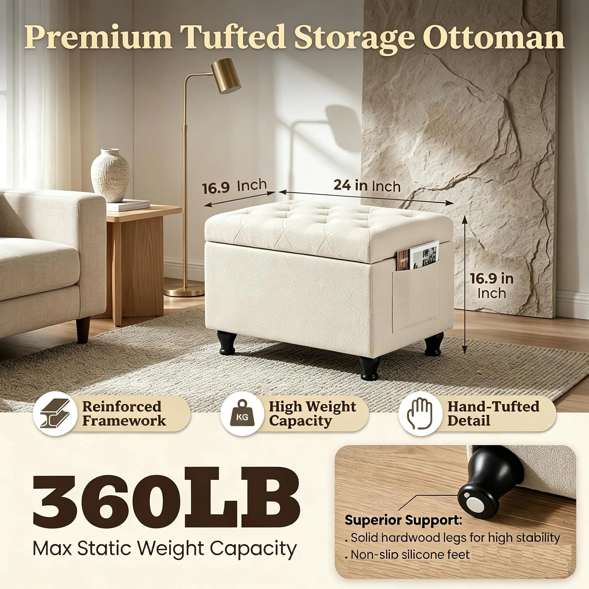 Deco Beige Rectangular Storage Ottoman Bench – dimensions chart