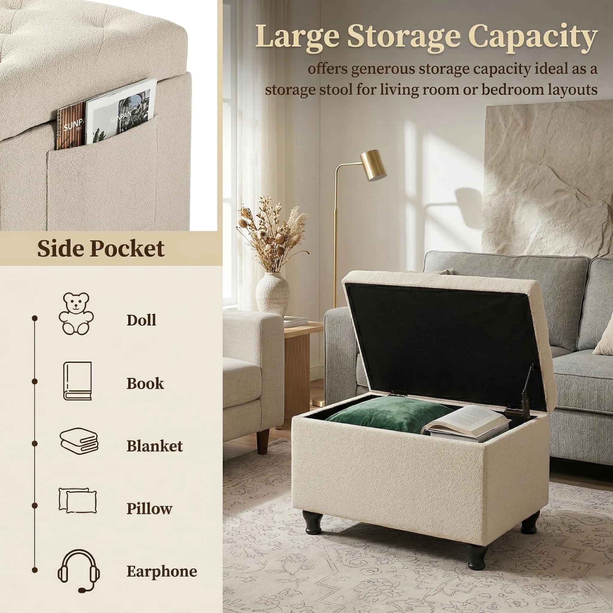 Deco Beige Rectangular Storage Ottoman Bench – detail and materials view