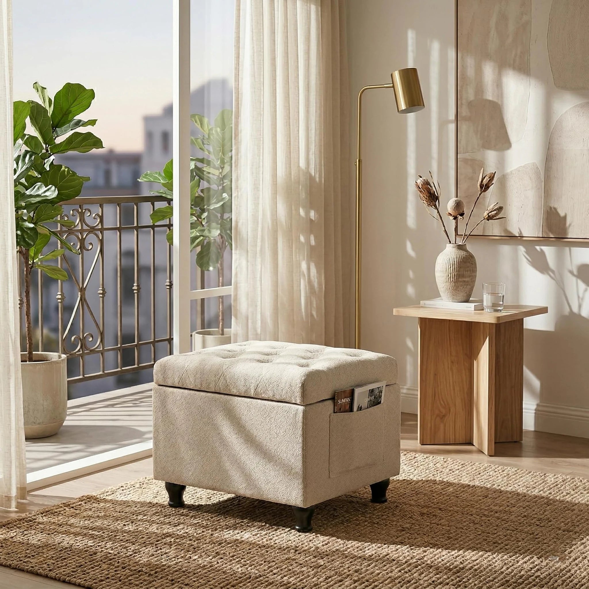 Deco Beige Rectangular Storage Ottoman Bench – lifestyle room view