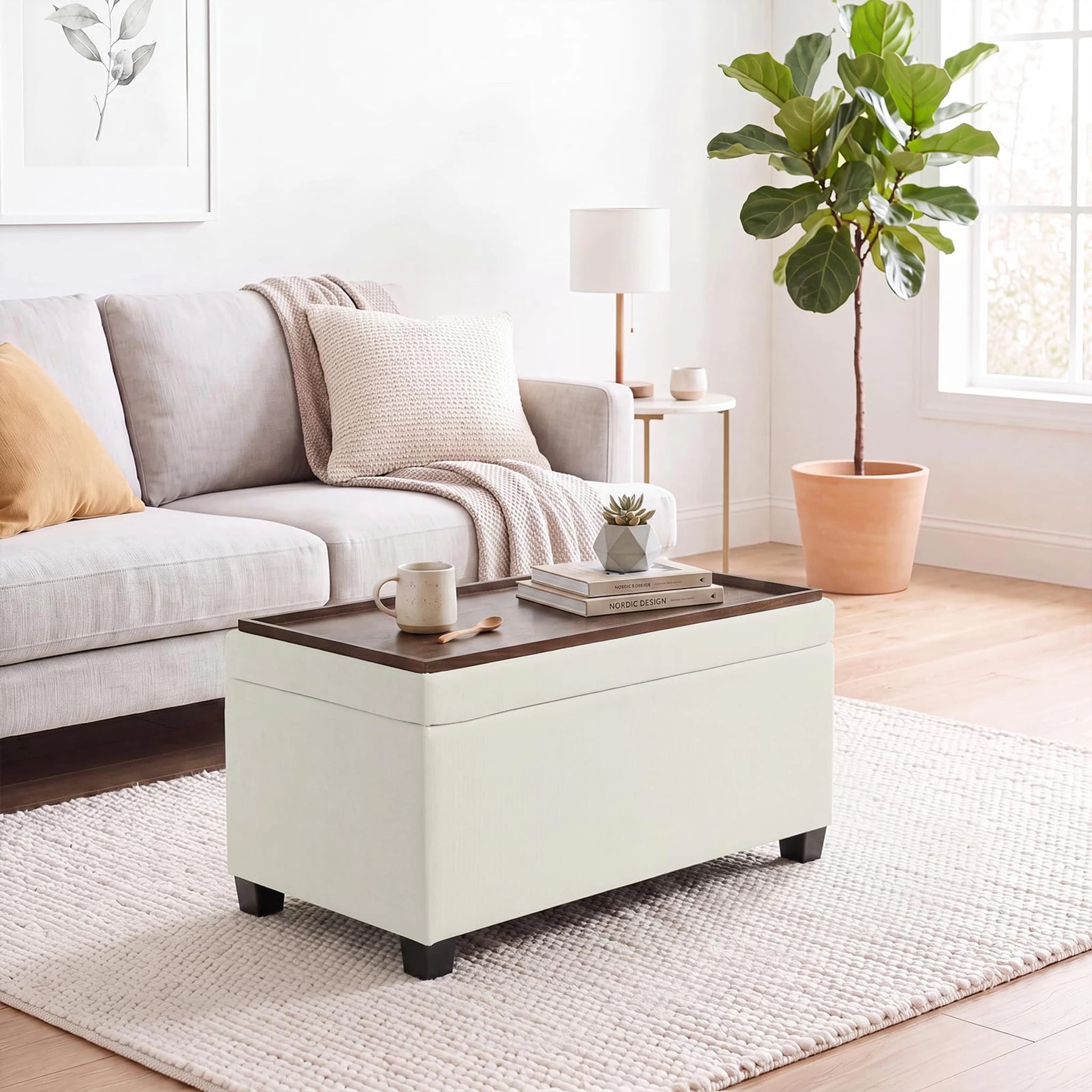 Deco Beige Tray-Top Faux Leather Storage Ottoman – styled home scene