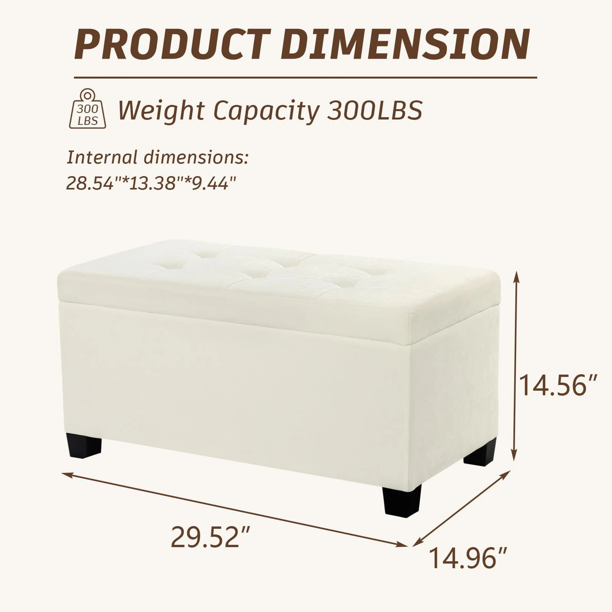 Deco Beige Tray-Top Faux Leather Storage Ottoman – dimensions chart