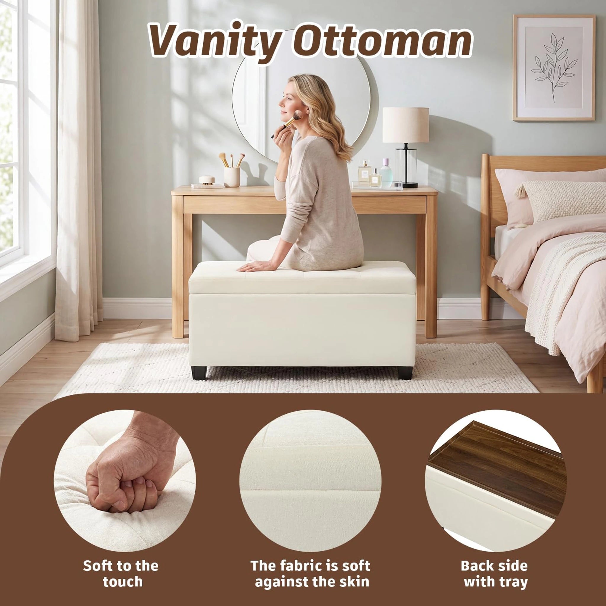 Deco Beige Tray-Top Faux Leather Storage Ottoman – detail and materials view