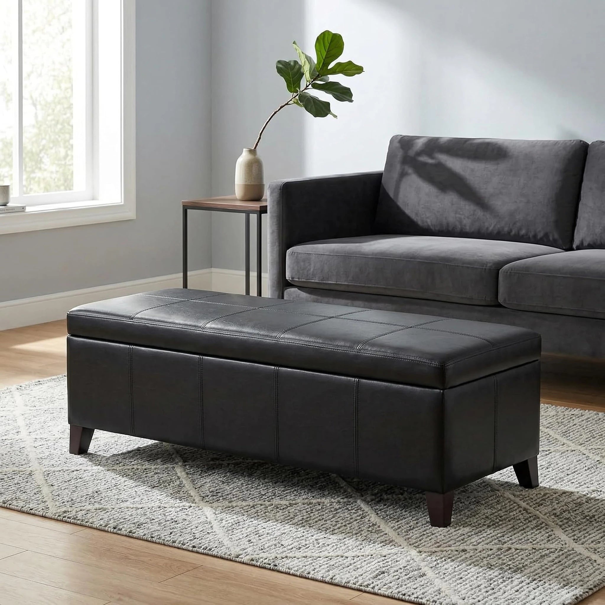 Deco Black Lines Tufted Faux Leather Storage Ottoman Bench – styled home scene