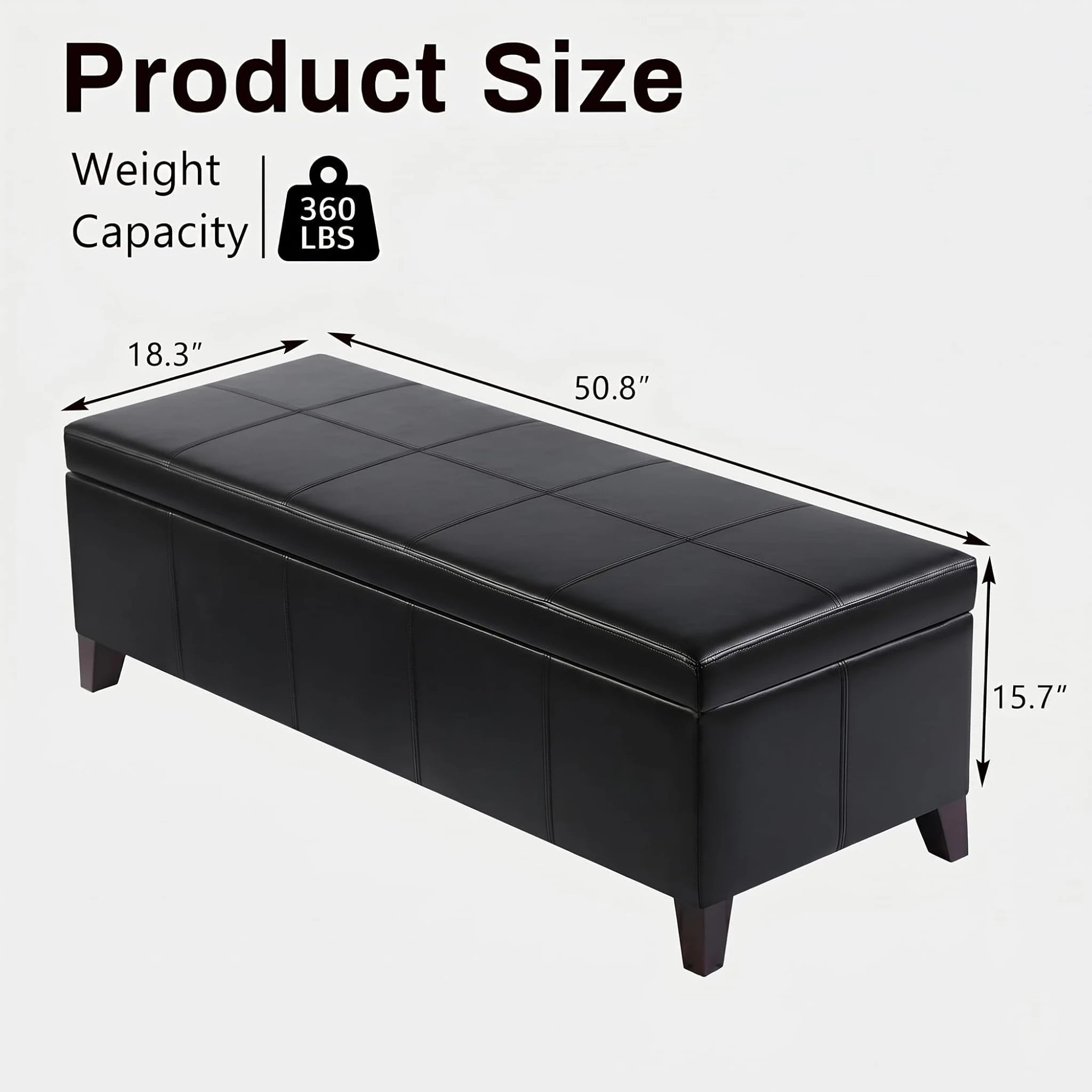 Deco Black Lines Tufted Faux Leather Storage Ottoman Bench – dimensions chart