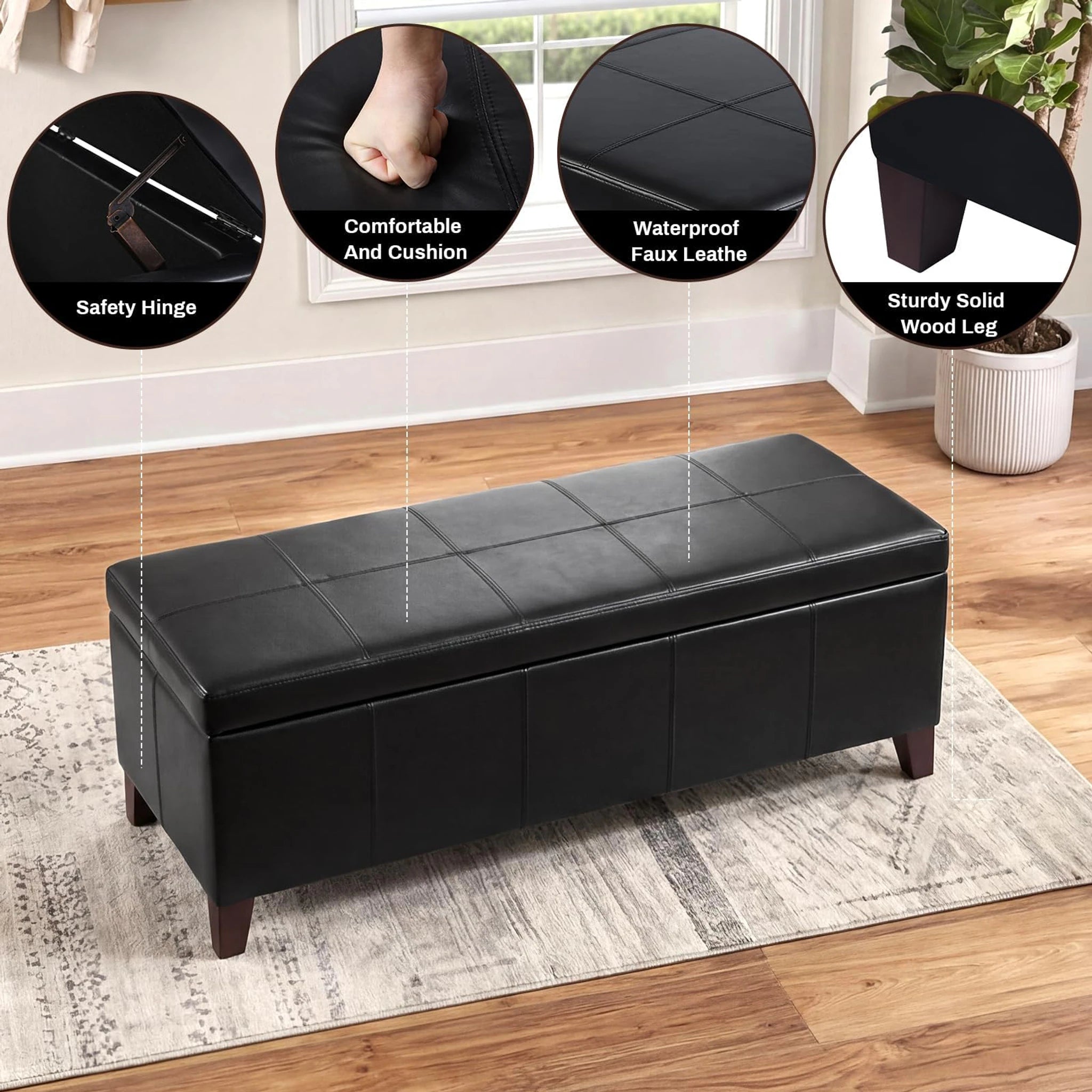 Deco Black Lines Tufted Faux Leather Storage Ottoman Bench – detail and materials view