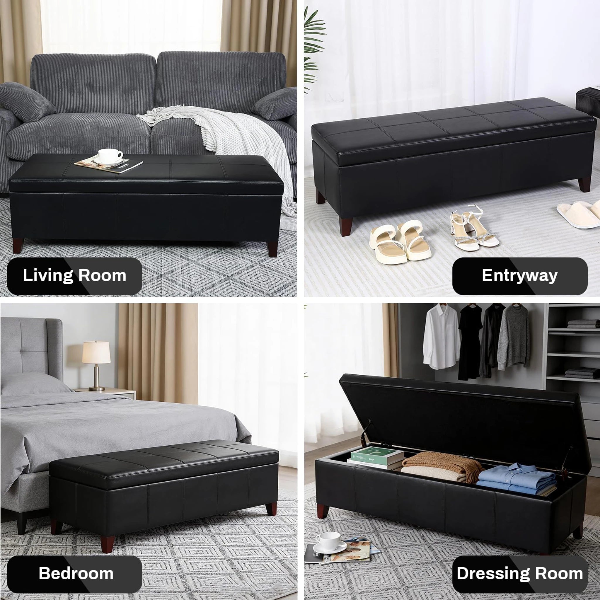 Deco Black Lines Tufted Faux Leather Storage Ottoman Bench – lifestyle room view