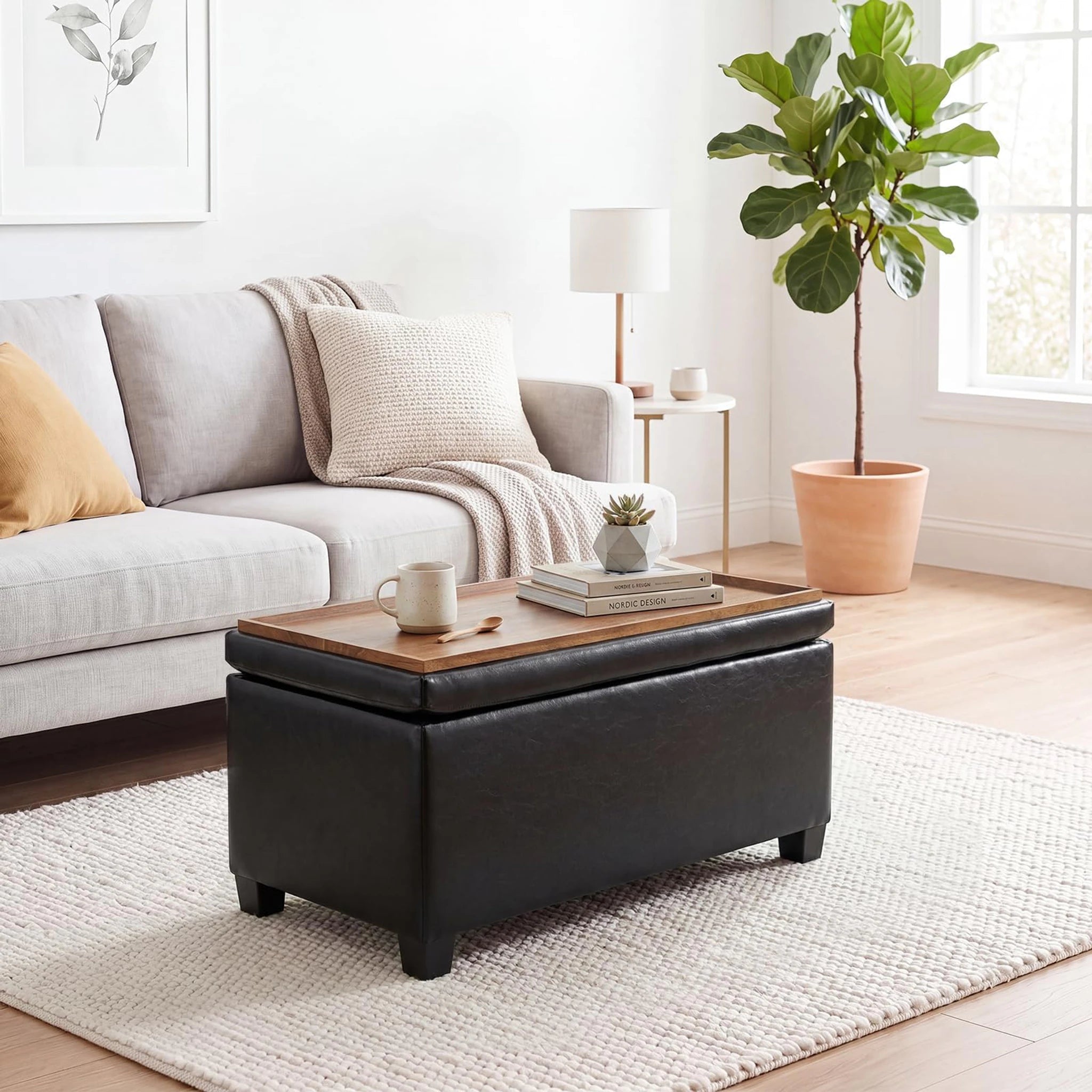 Deco Black Tray-Top Faux Leather Storage Ottoman – styled home scene