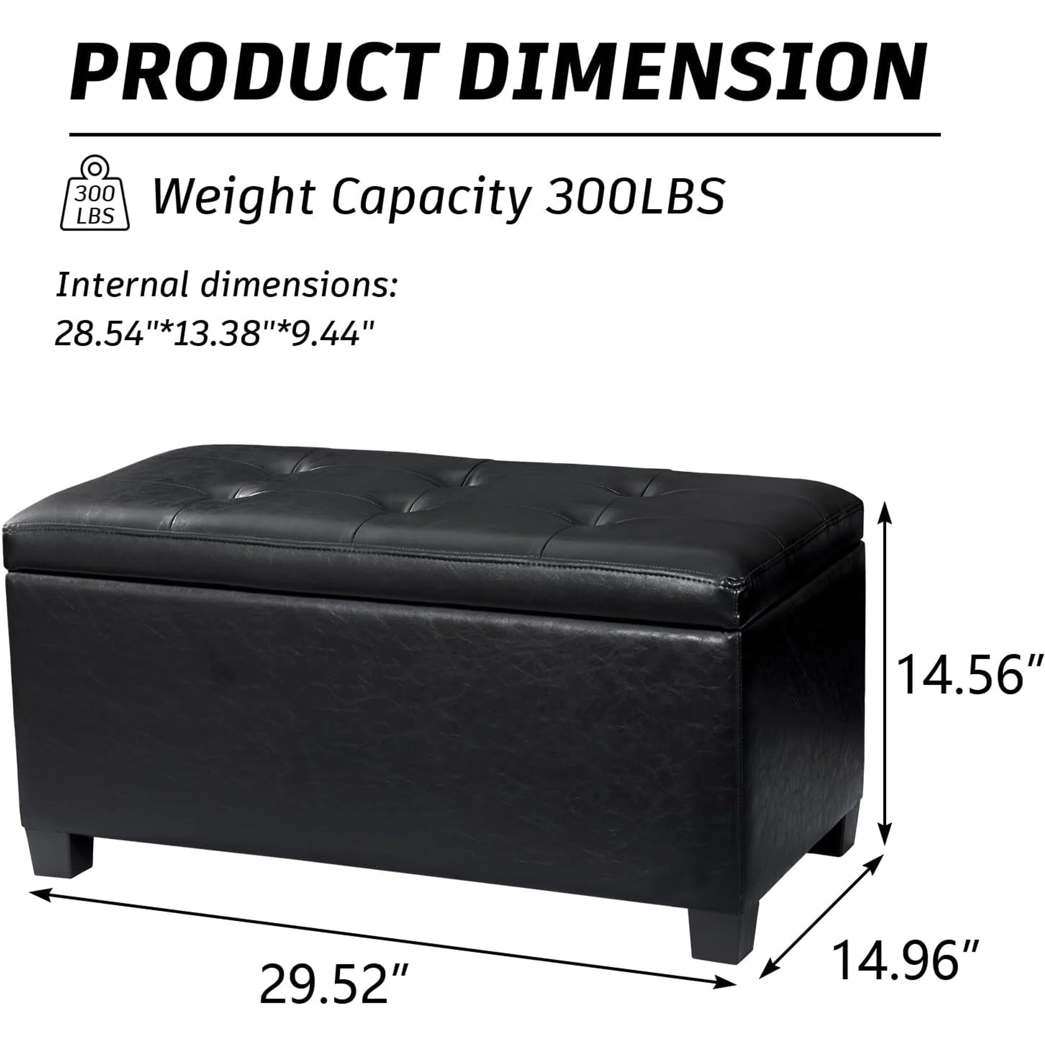 Deco Black Tray-Top Faux Leather Storage Ottoman – dimensions chart