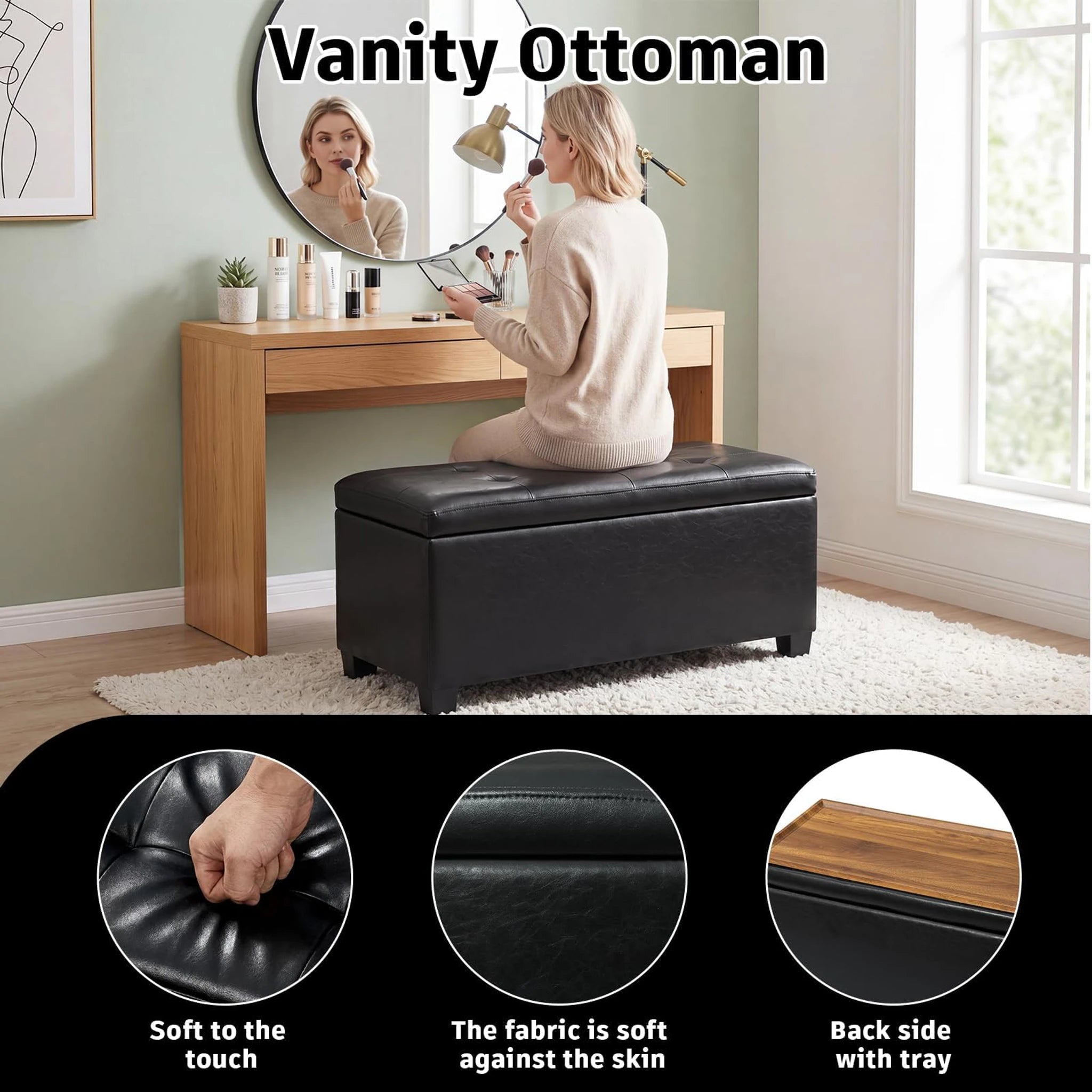 Deco Black Tray-Top Faux Leather Storage Ottoman – detail and materials view