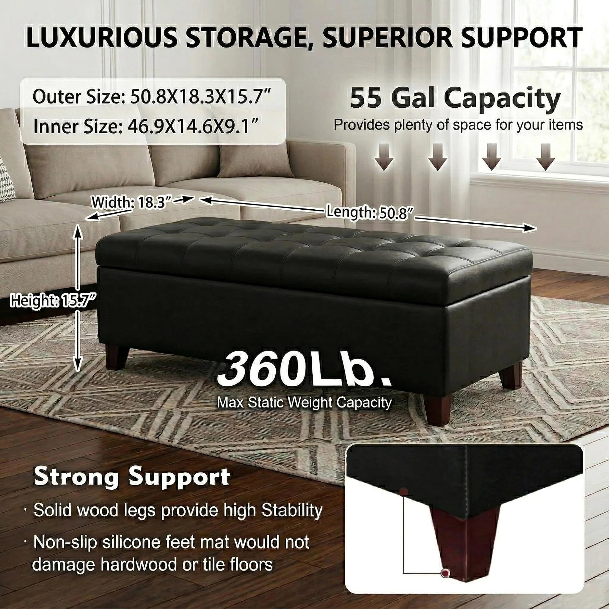 Deco Black Tufted Faux Leather Storage Ottoman Bench – dimensions chart