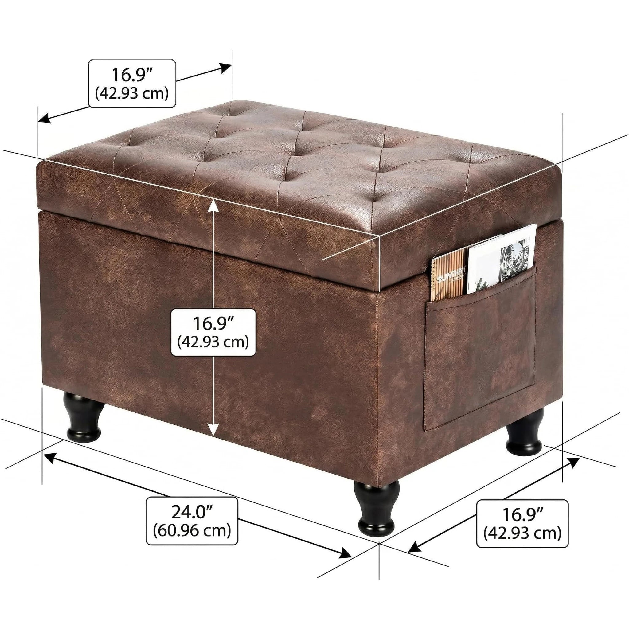 Deco Brown Rectangular Storage Ottoman Bench – dimensions chart
