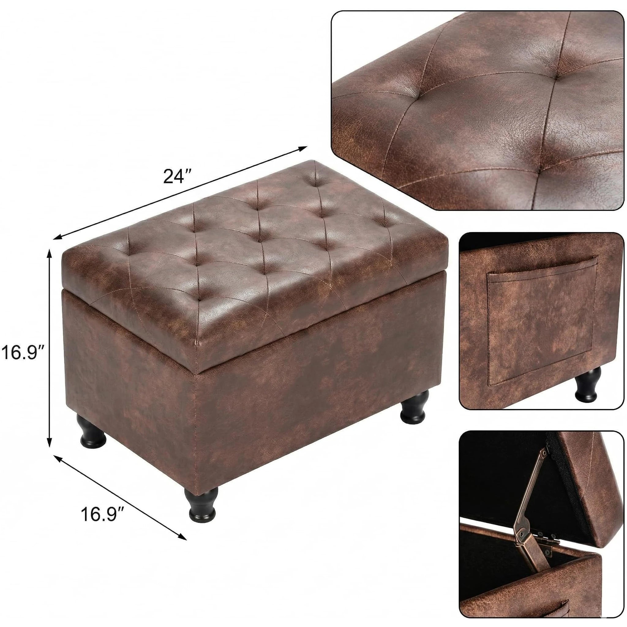 Deco Brown Rectangular Storage Ottoman Bench – detail and materials view