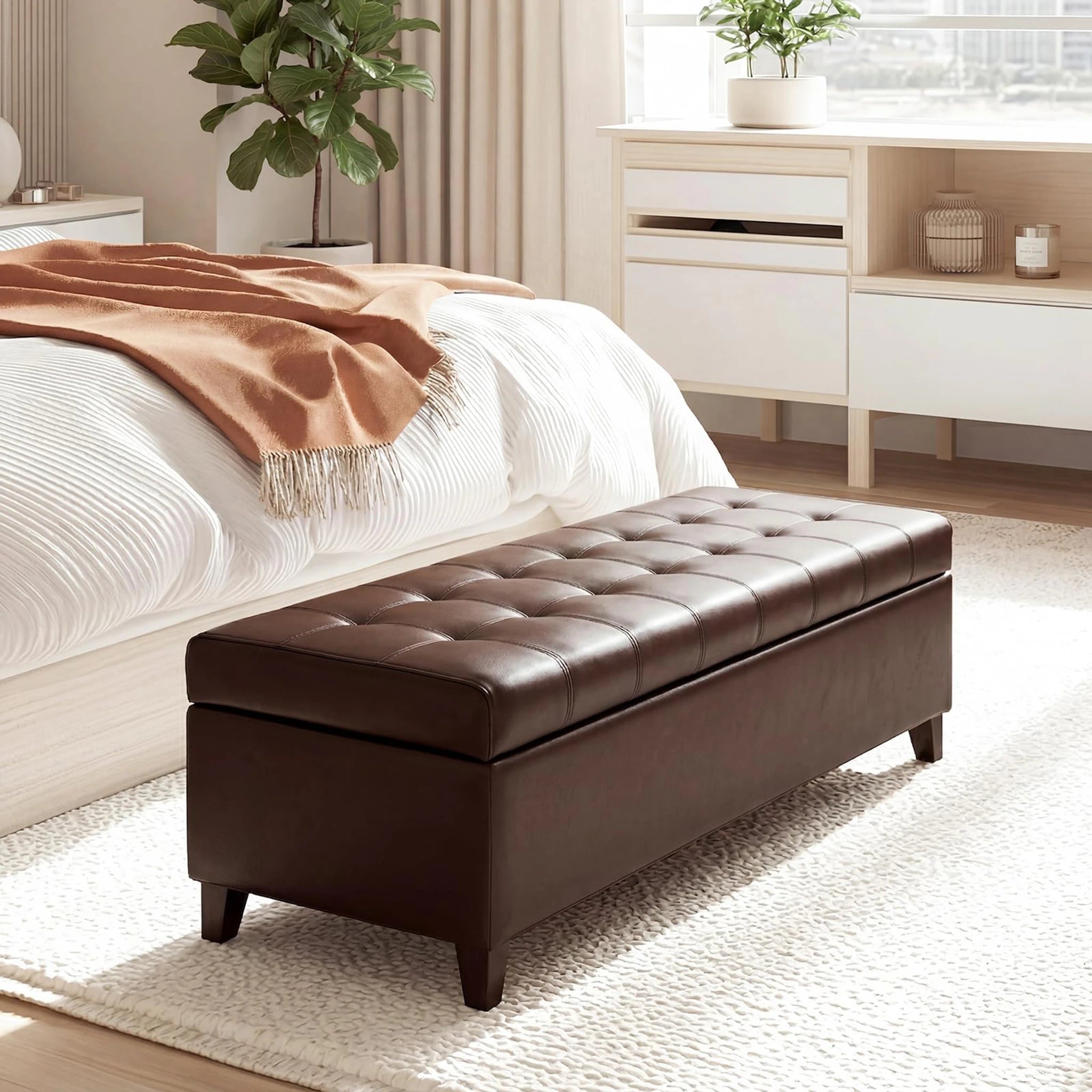 Deco Brown Tufted Faux Leather Storage Ottoman Bench – styled home scene