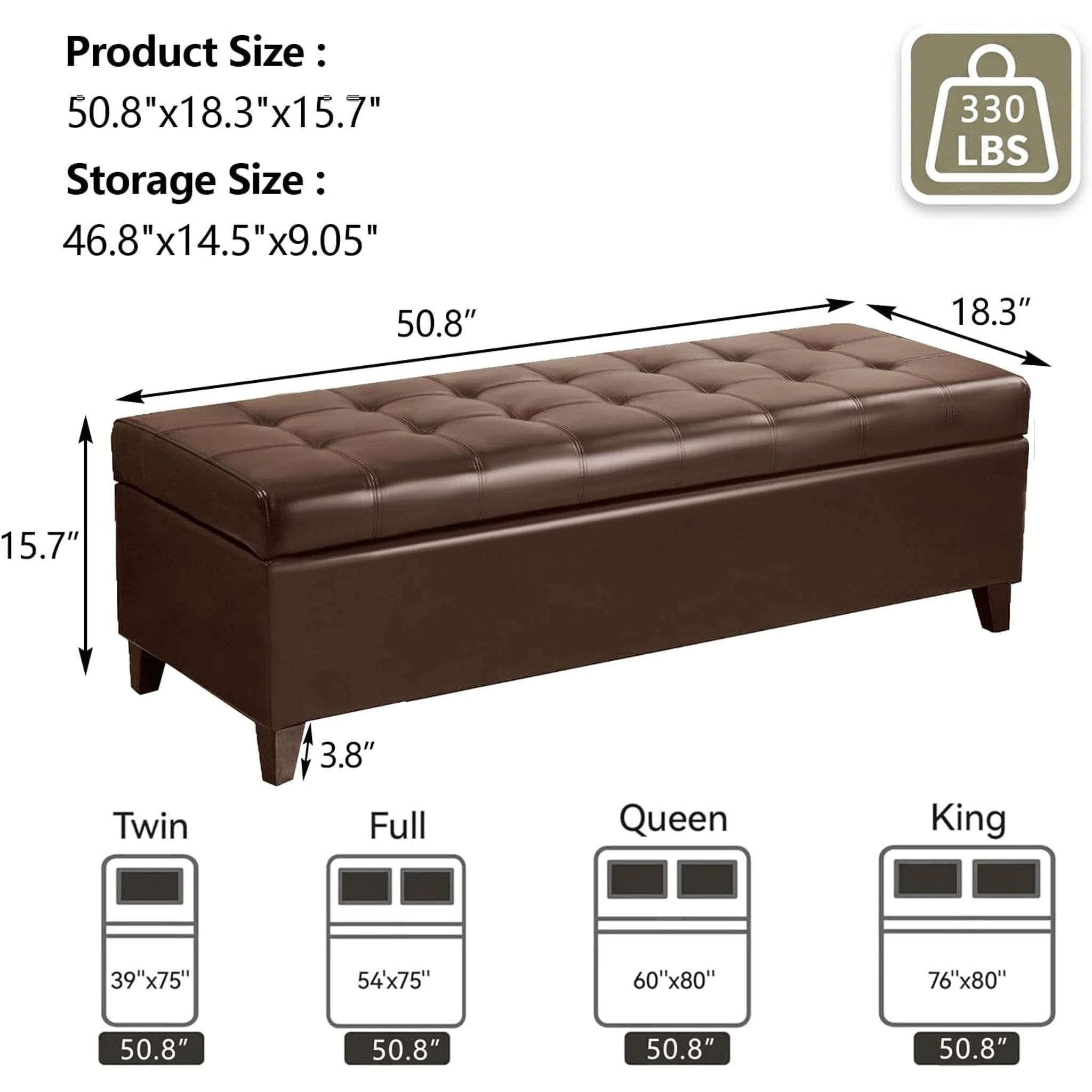 Deco Brown Tufted Faux Leather Storage Ottoman Bench – dimensions chart