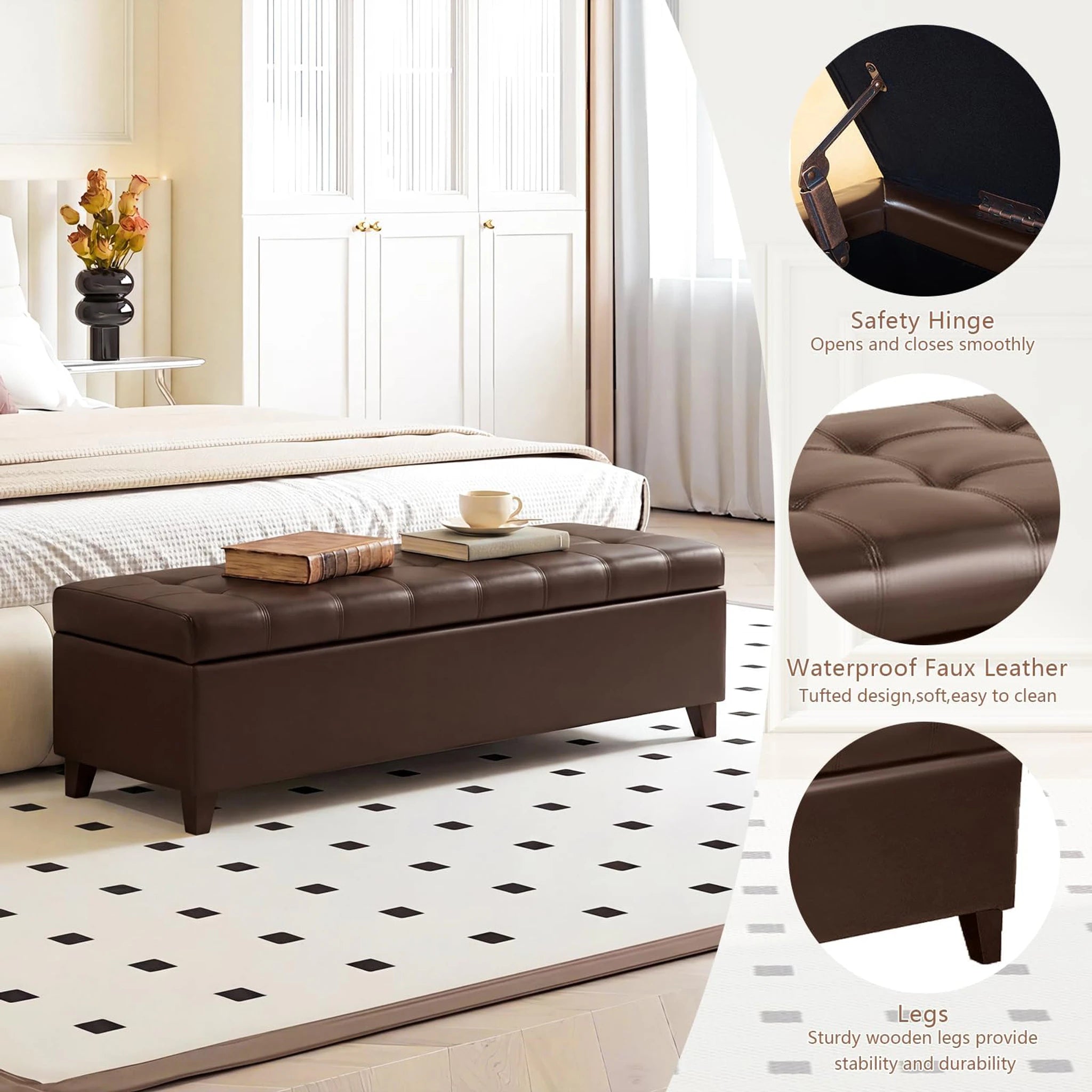 Deco Brown Tufted Faux Leather Storage Ottoman Bench – detail and materials view