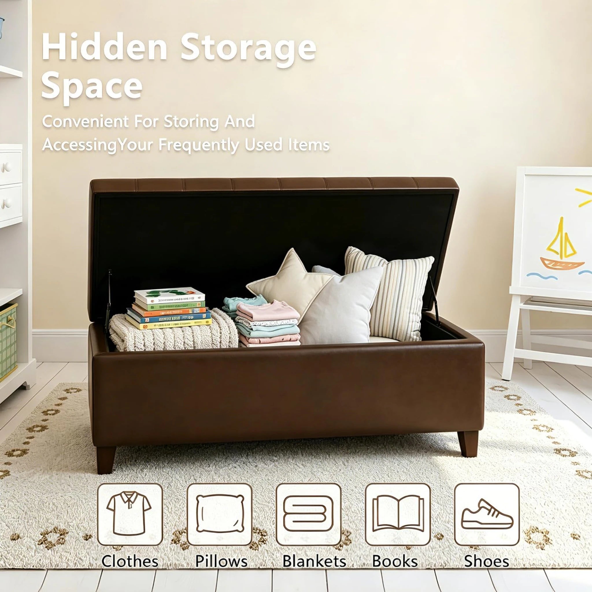Deco Brown Tufted Faux Leather Storage Ottoman Bench – lifestyle room view