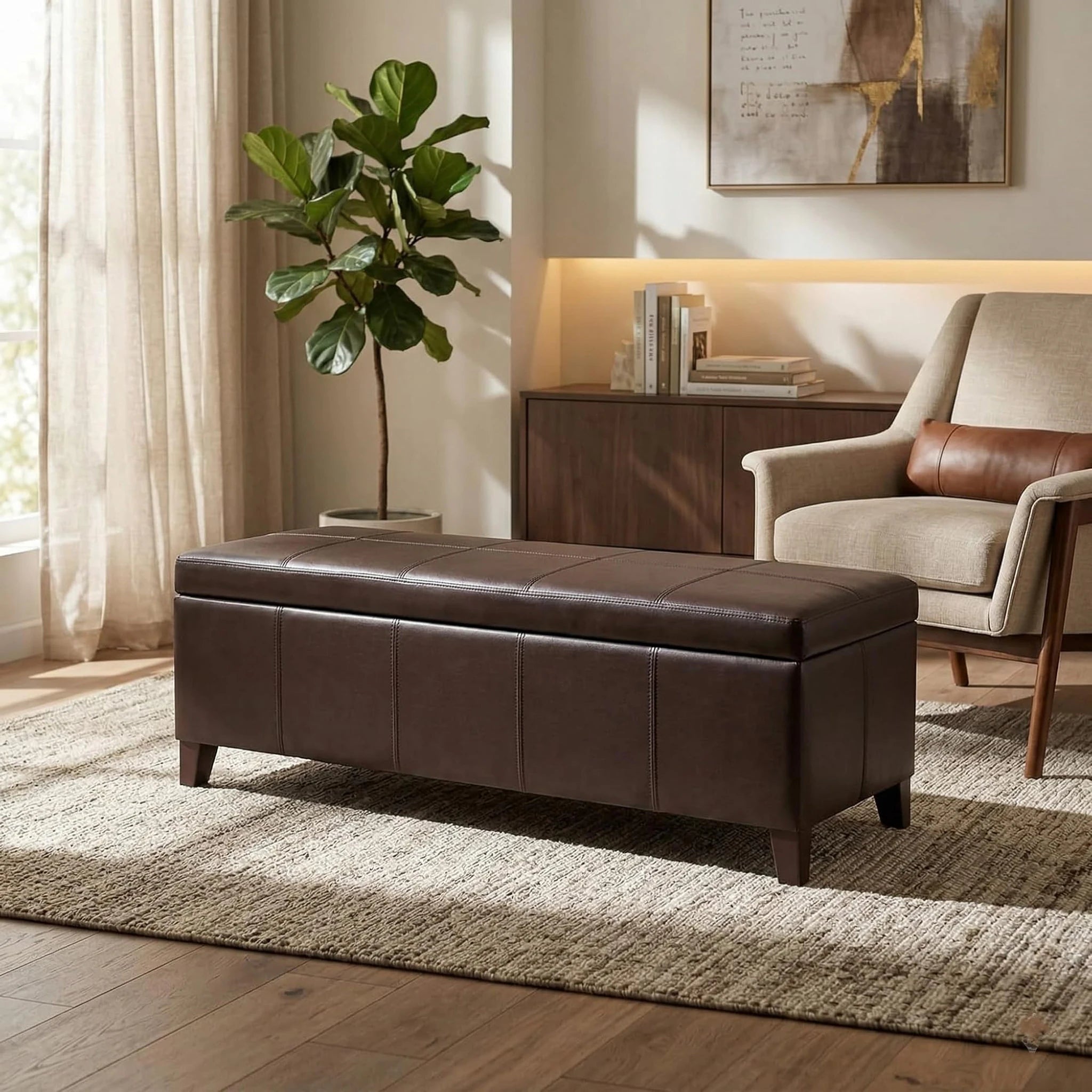 Deco Coffee Brown Tufted Faux Leather Storage Ottoman Bench – styled home scene
