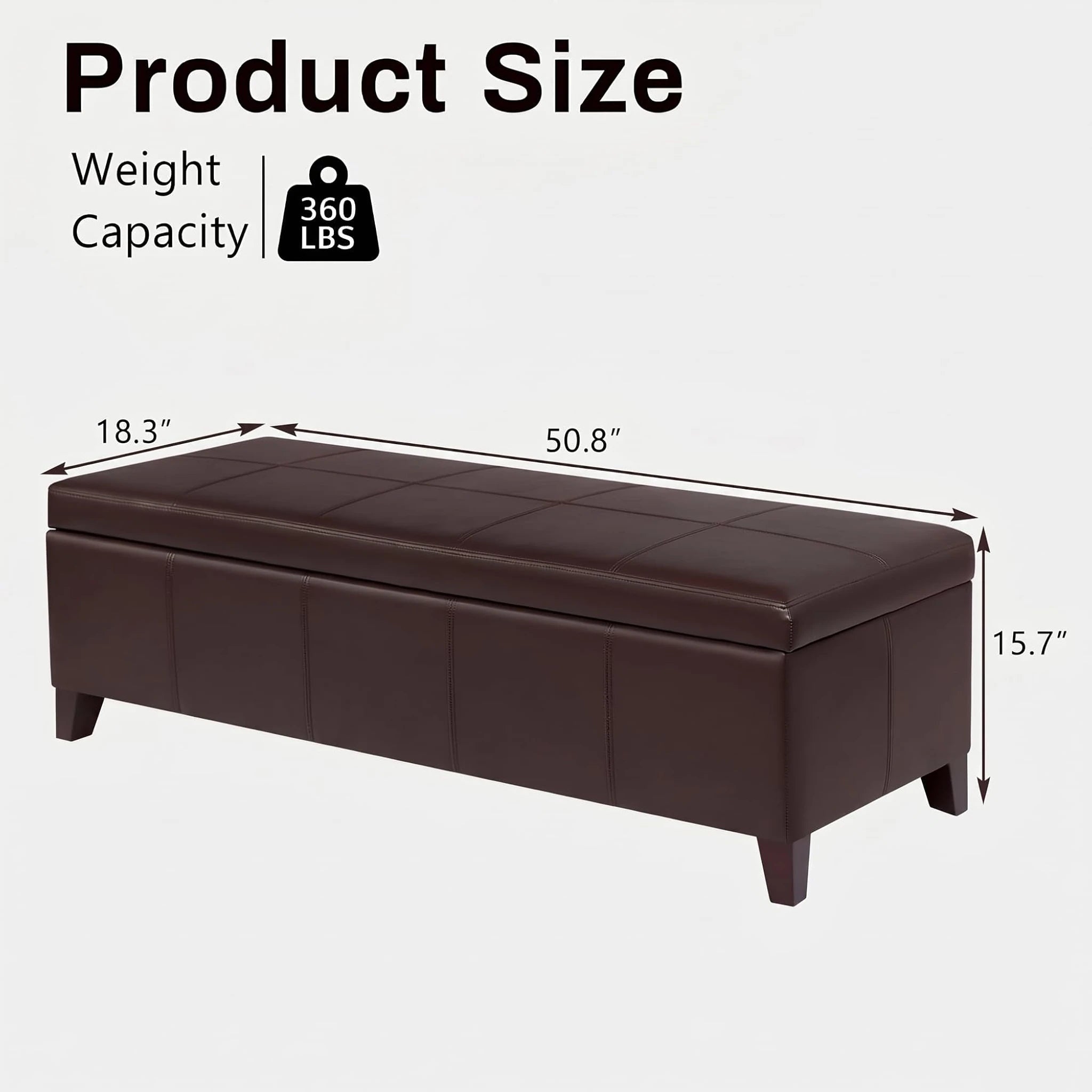 Deco Coffee Brown Tufted Faux Leather Storage Ottoman Bench – dimensions chart