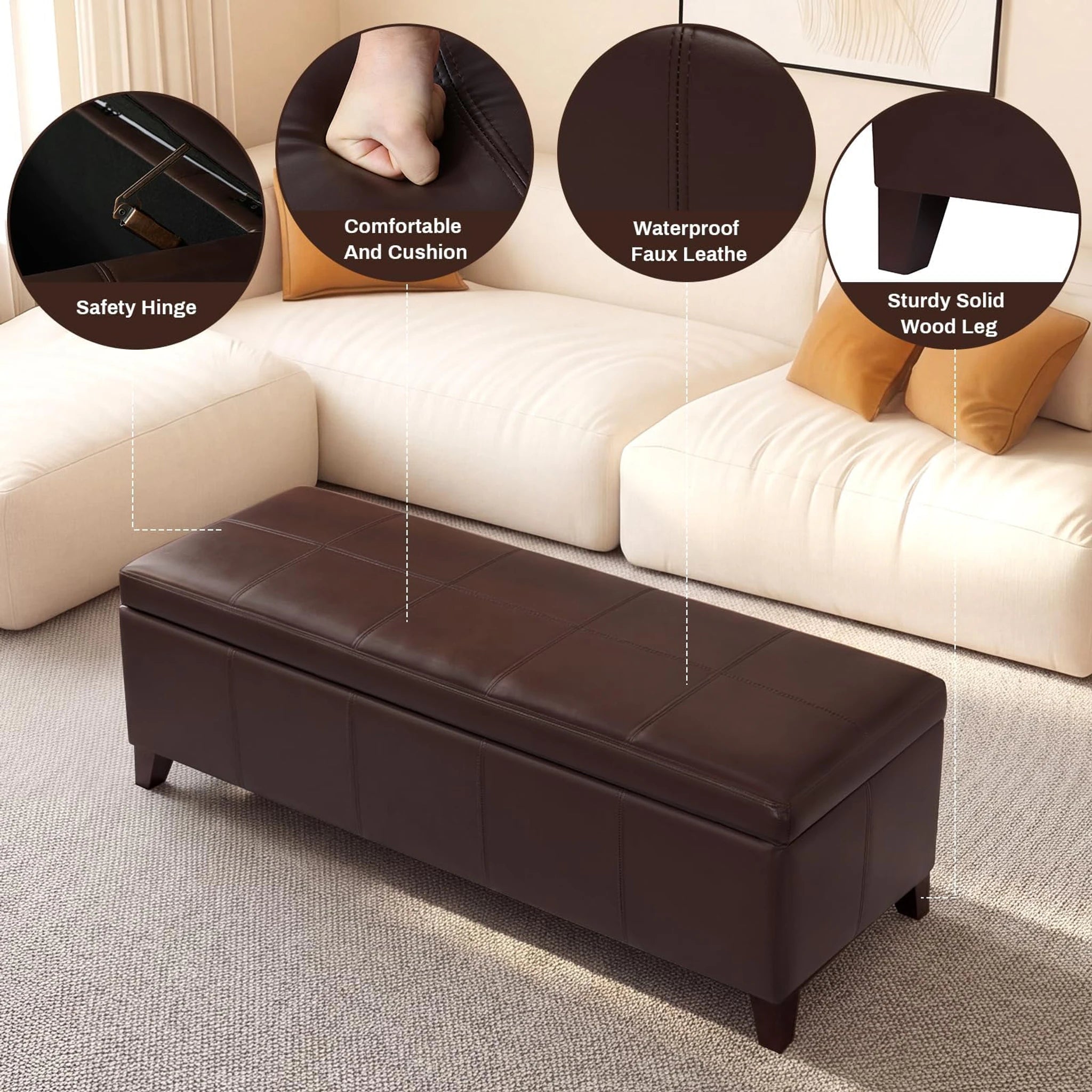 Deco Coffee Brown Tufted Faux Leather Storage Ottoman Bench – detail and materials view