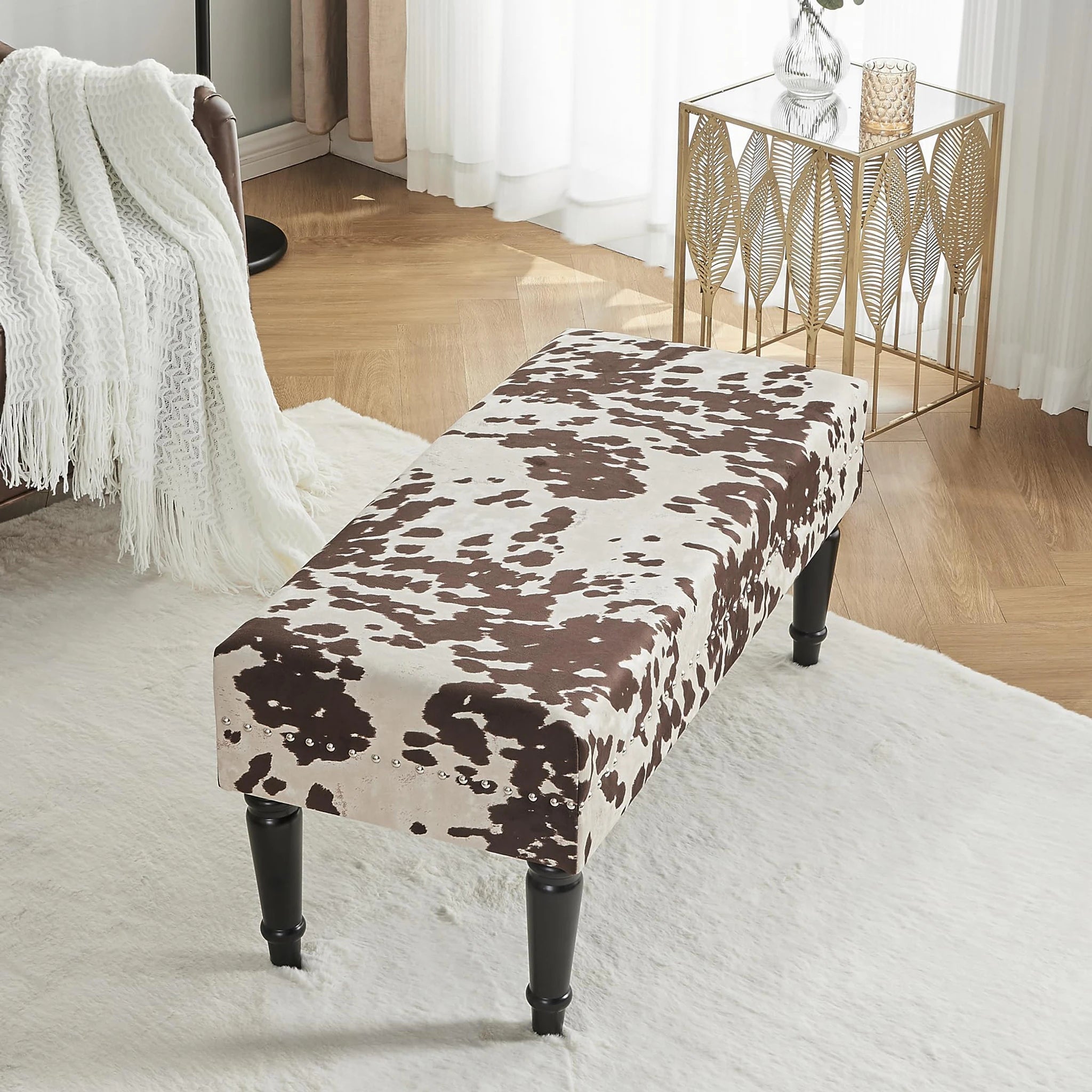 Deco Cows Fabric Upholstered Bench – styled home scene