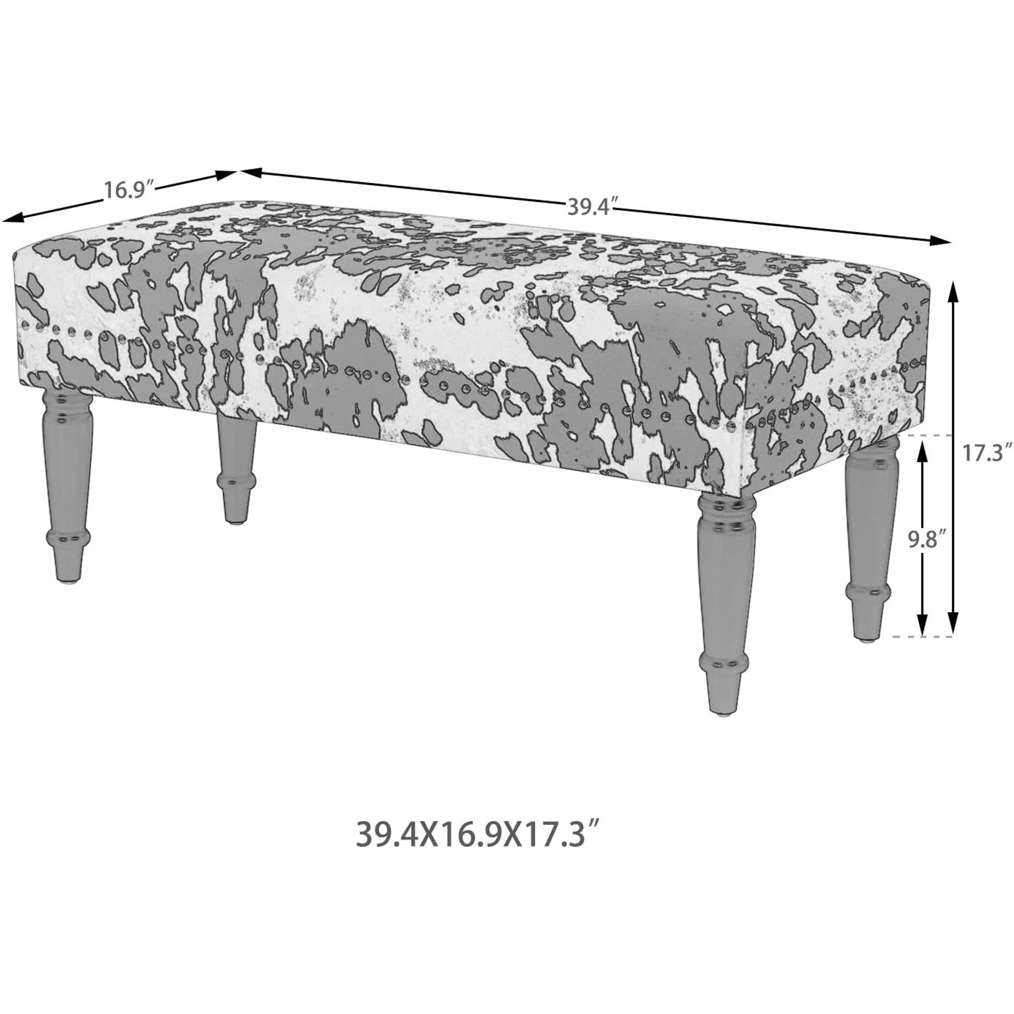 Deco Cows Fabric Upholstered Bench – dimensions chart