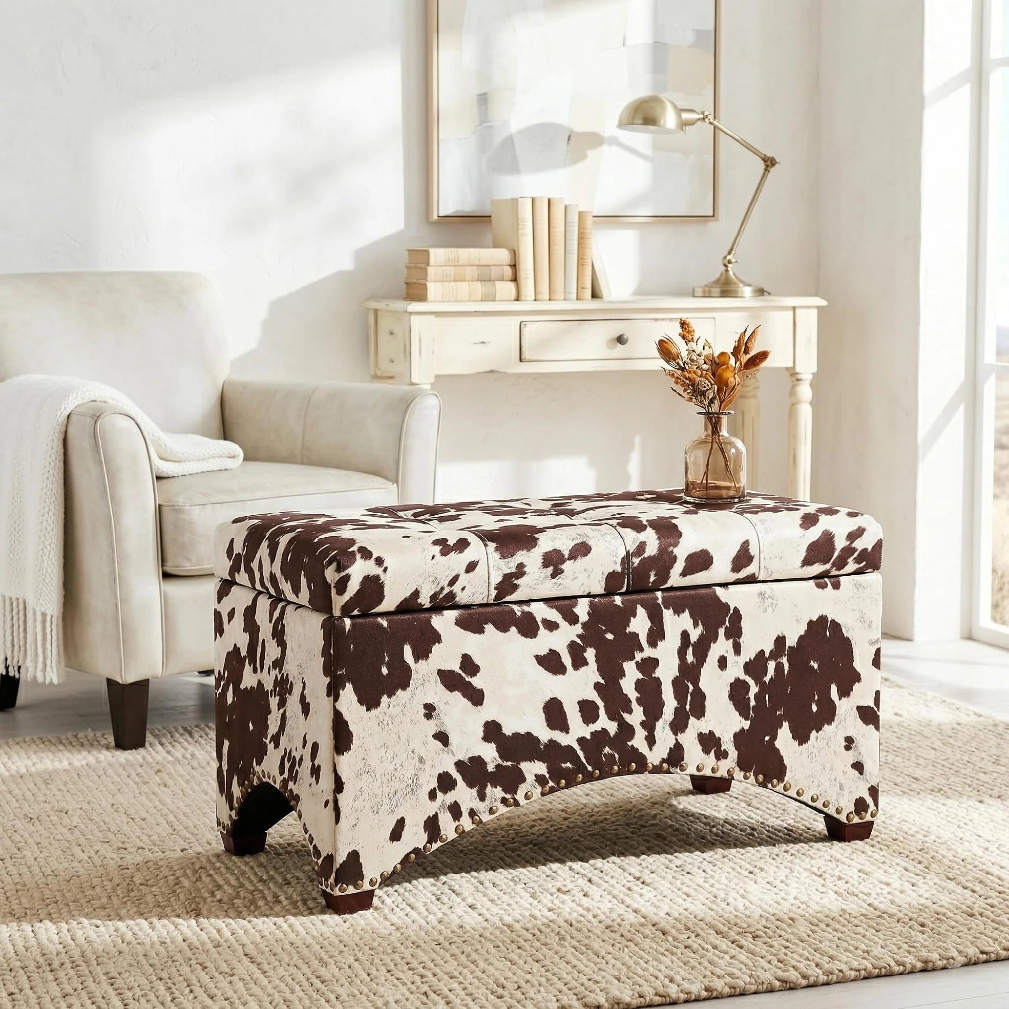Deco Cows Velvet Storage Ottoman – styled home scene