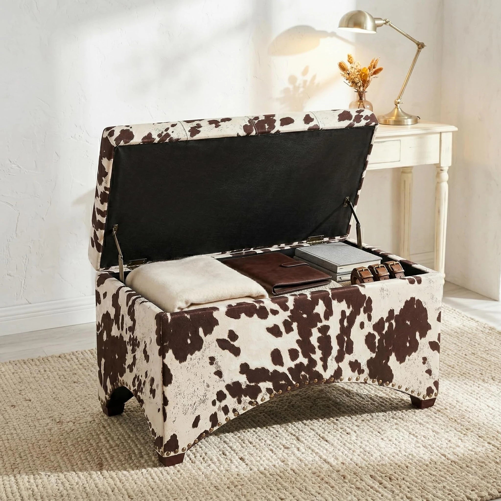 Deco Cows Velvet Storage Ottoman – detail and materials view