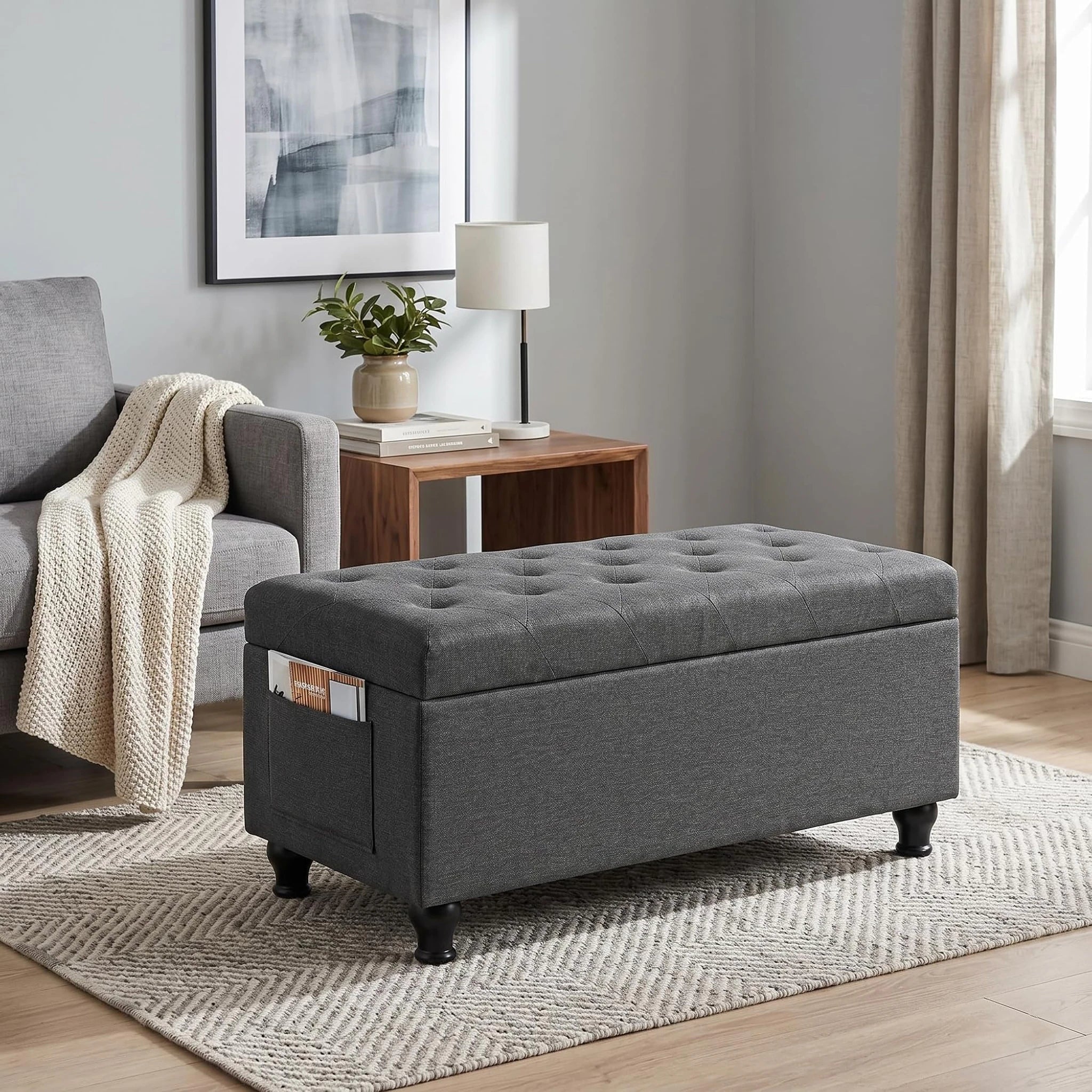Deco Dark Grey Fabric Storage Ottoman Bench – styled home scene