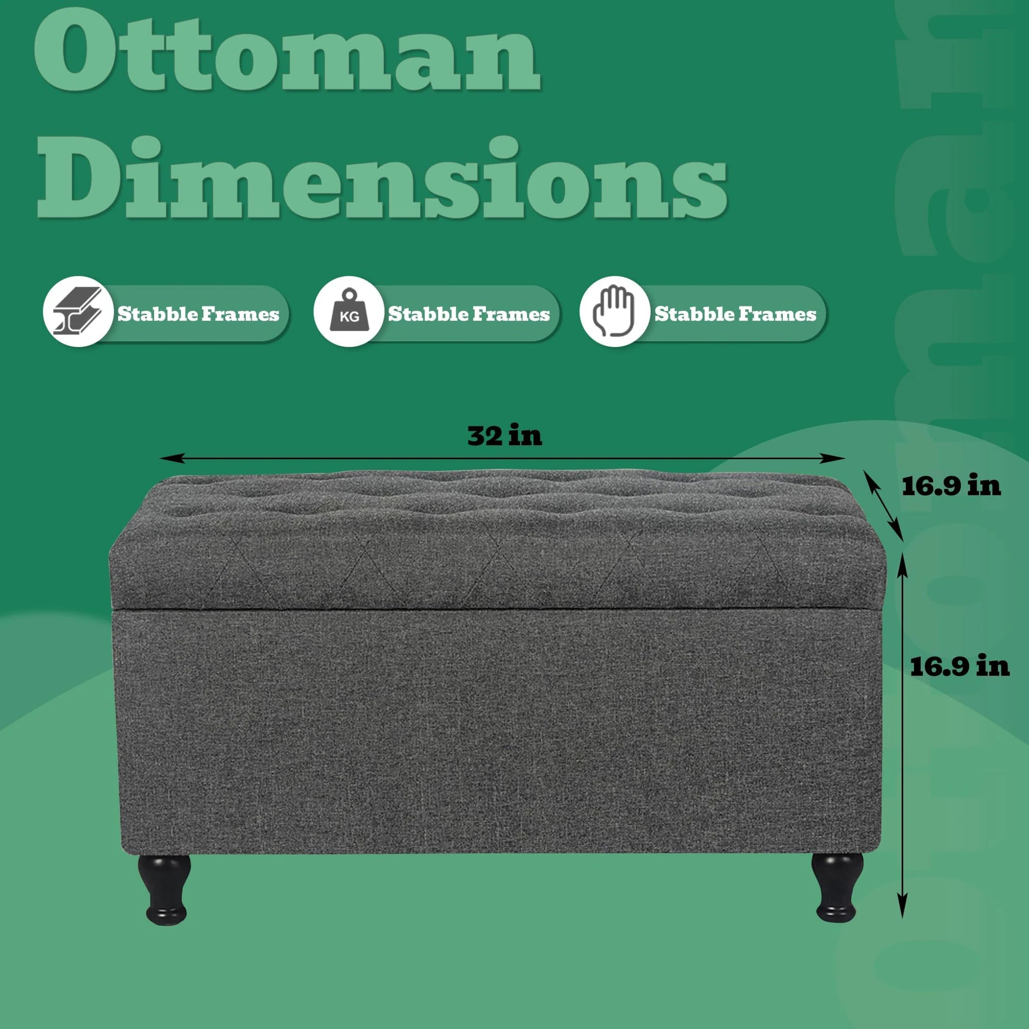Deco Dark Grey Fabric Storage Ottoman Bench – dimensions chart