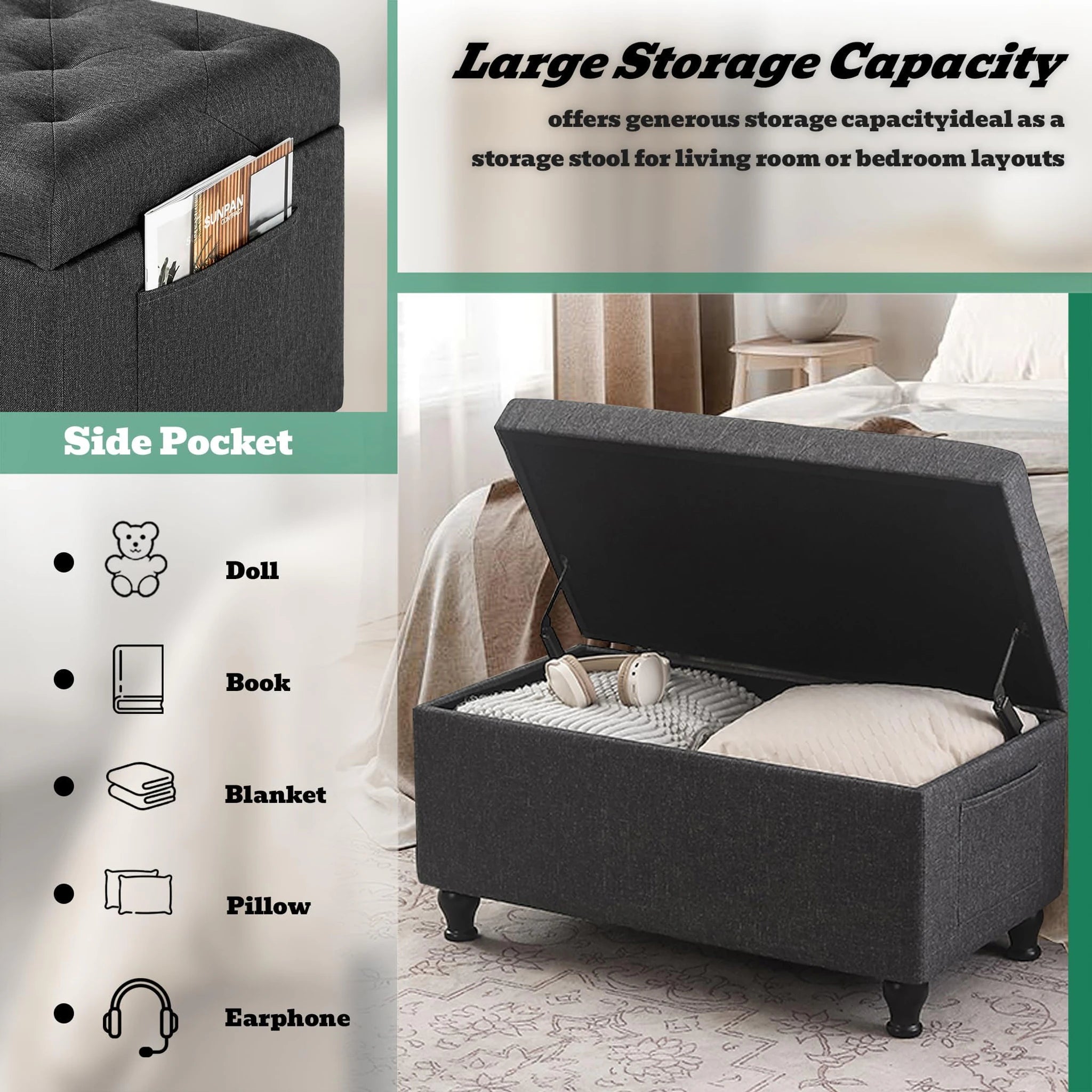 Deco Dark Grey Fabric Storage Ottoman Bench – lifestyle room view
