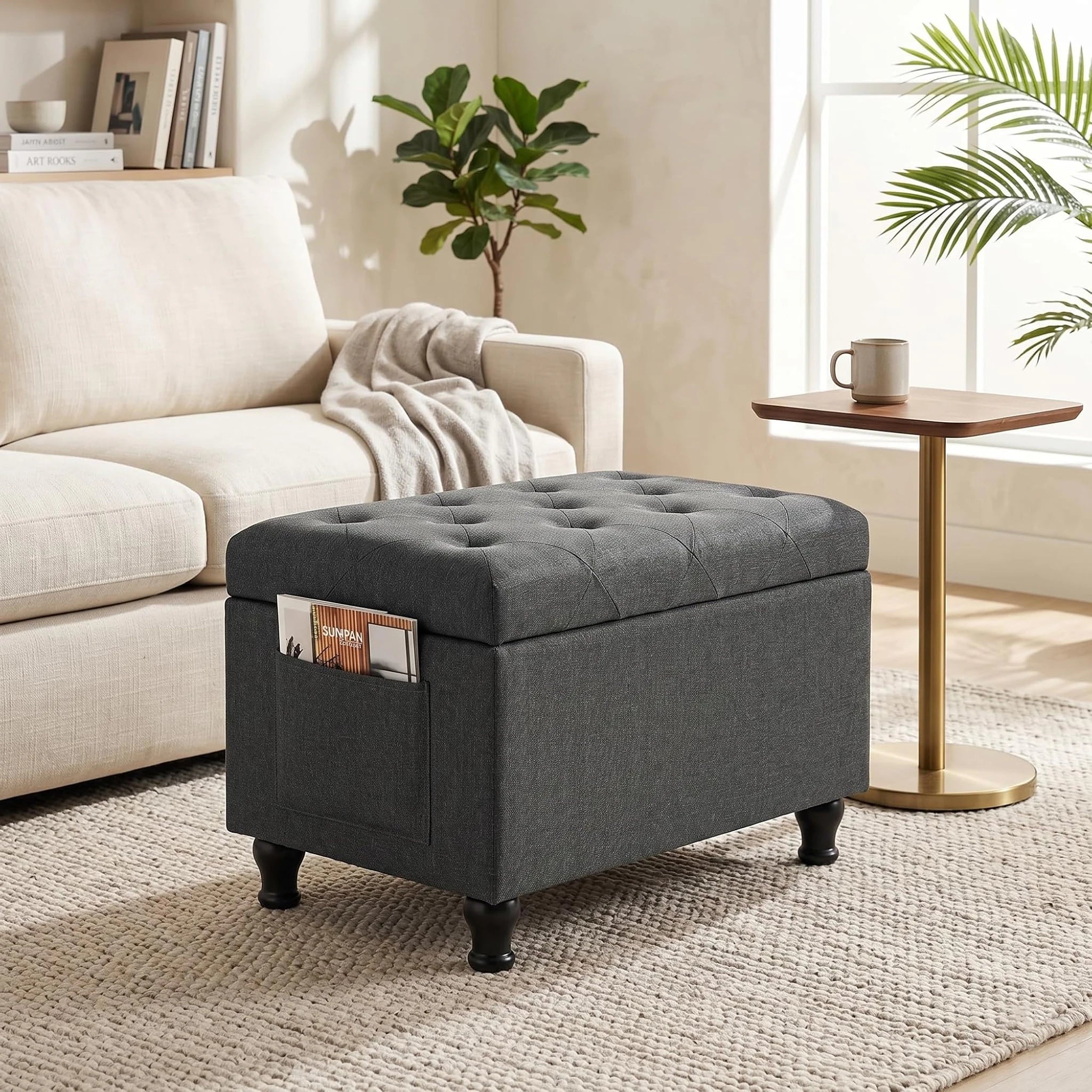 Deco Dark Grey Rectangular Storage Ottoman Bench – styled home scene