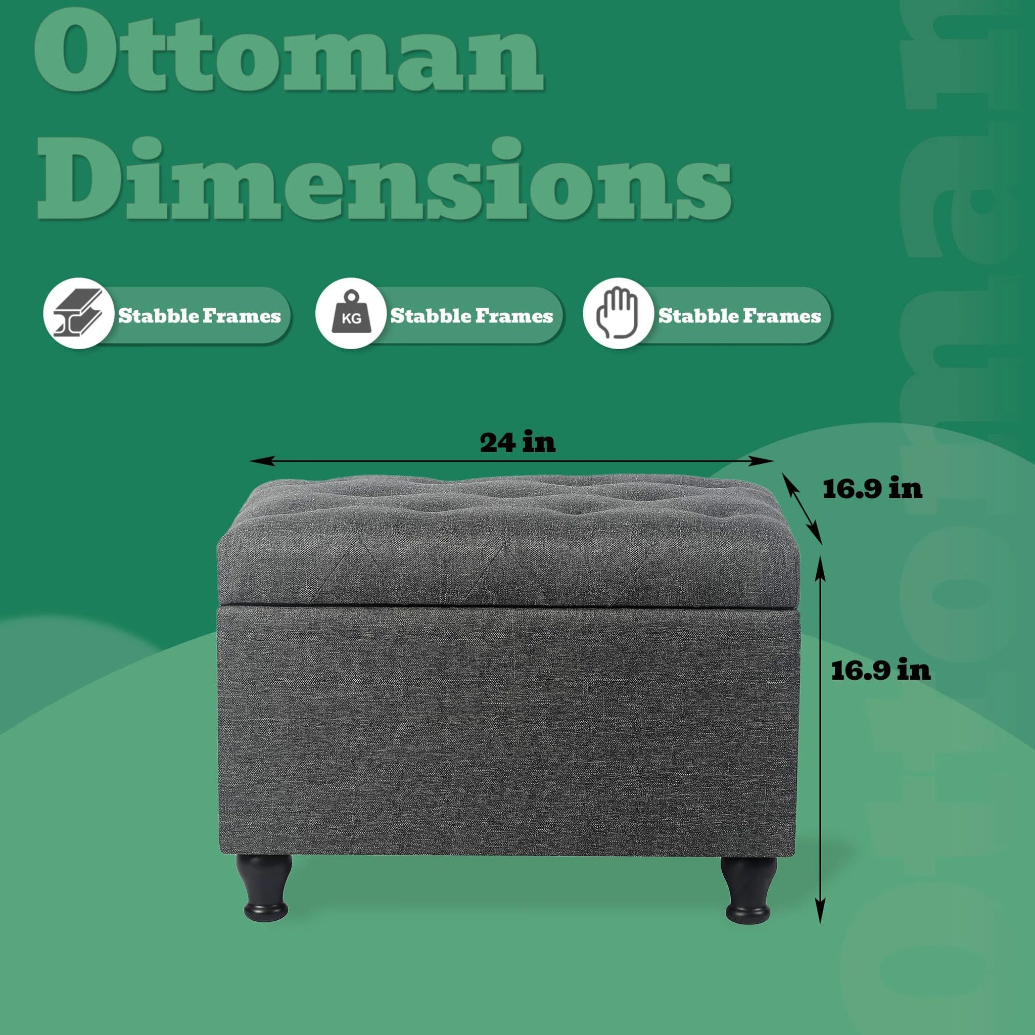 Deco Dark Grey Rectangular Storage Ottoman Bench – dimensions chart