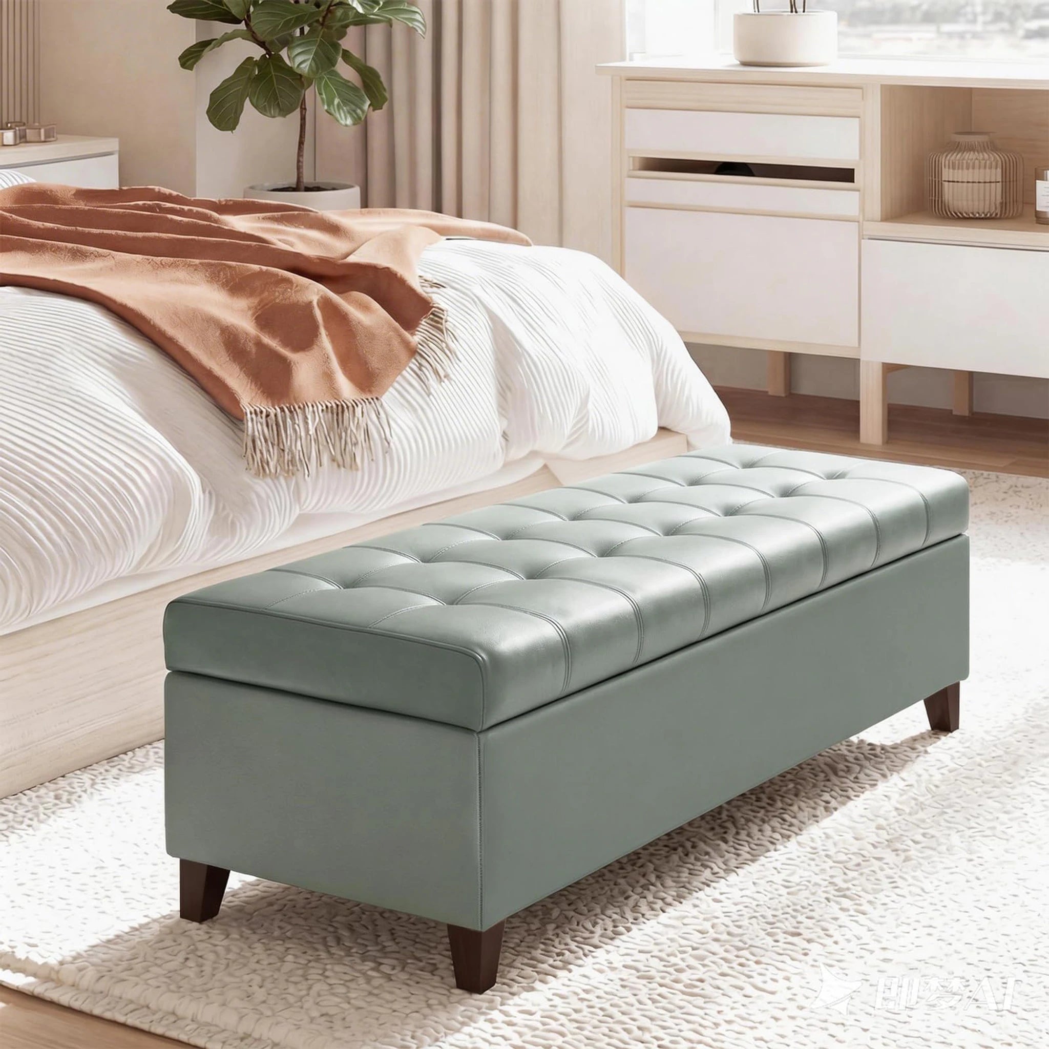 Deco Gray Green Tufted Faux Leather Storage Ottoman Bench – styled home scene