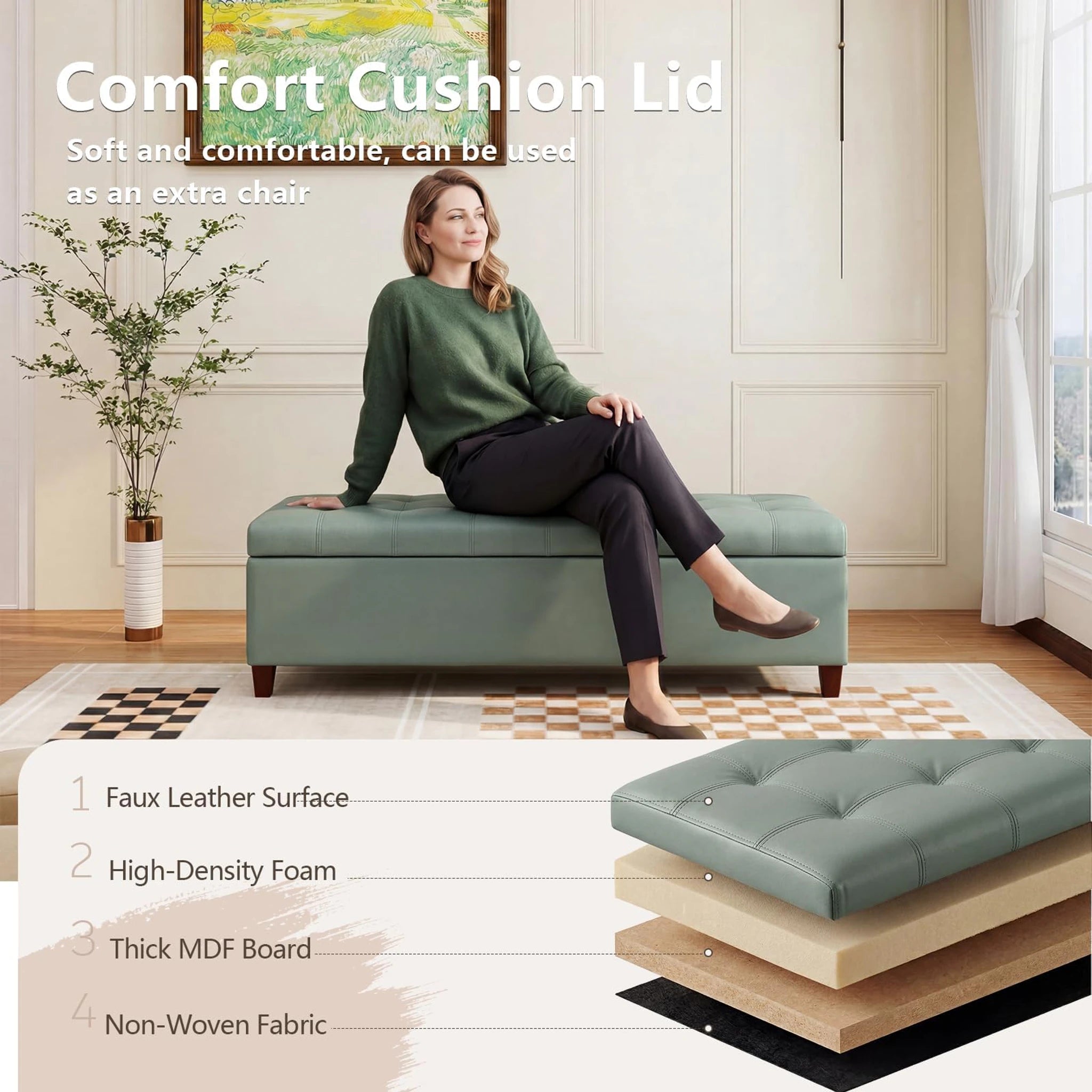 Deco Gray Green Tufted Faux Leather Storage Ottoman Bench – detail and materials view
